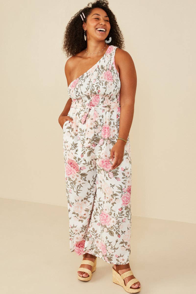 Womens Romantic Floral Smocked One Shoulder Jumpsuit: Pink