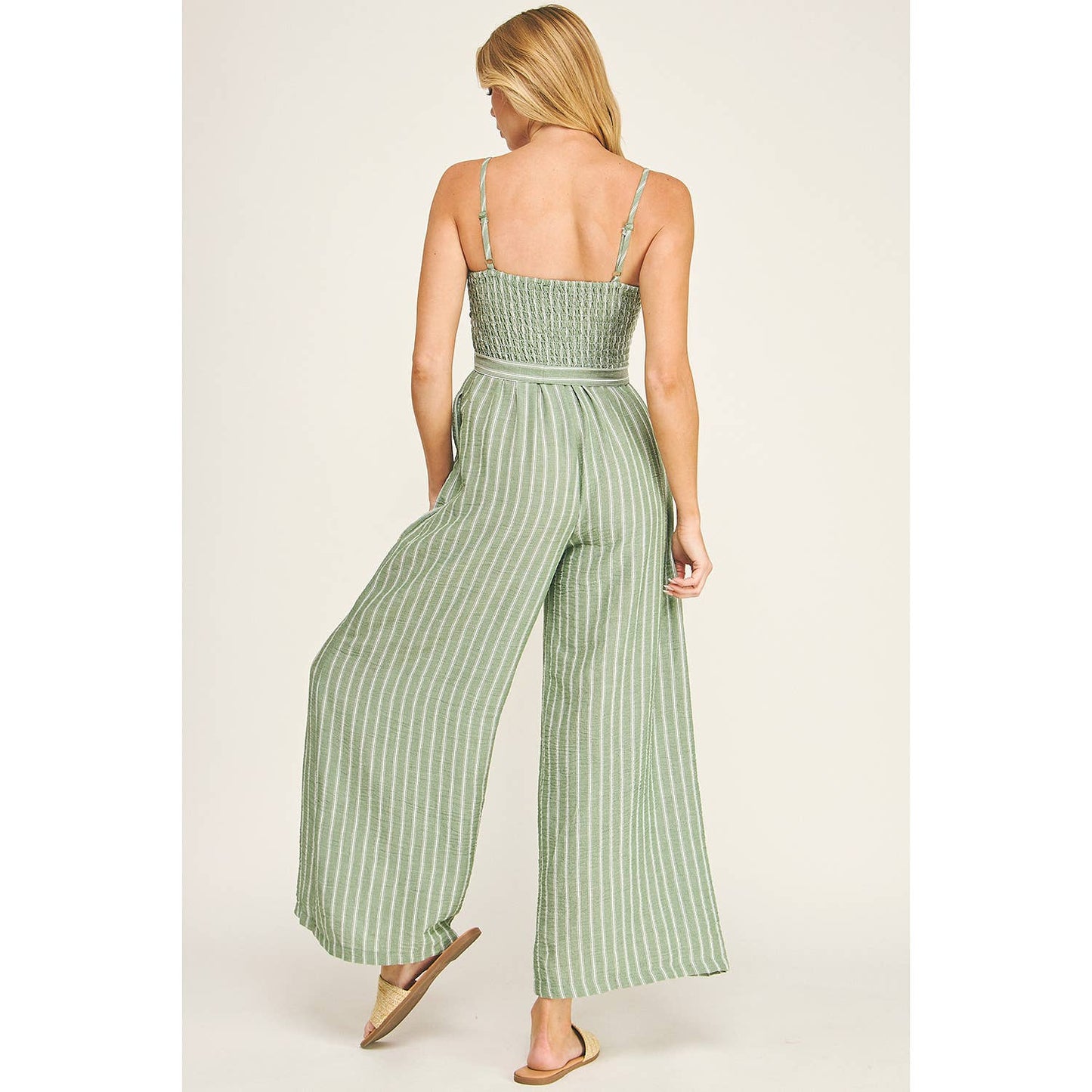 COASTAL STRIPE SMOCKED WIDE LEG JUMPSUIT: COMFREY/WHITE /