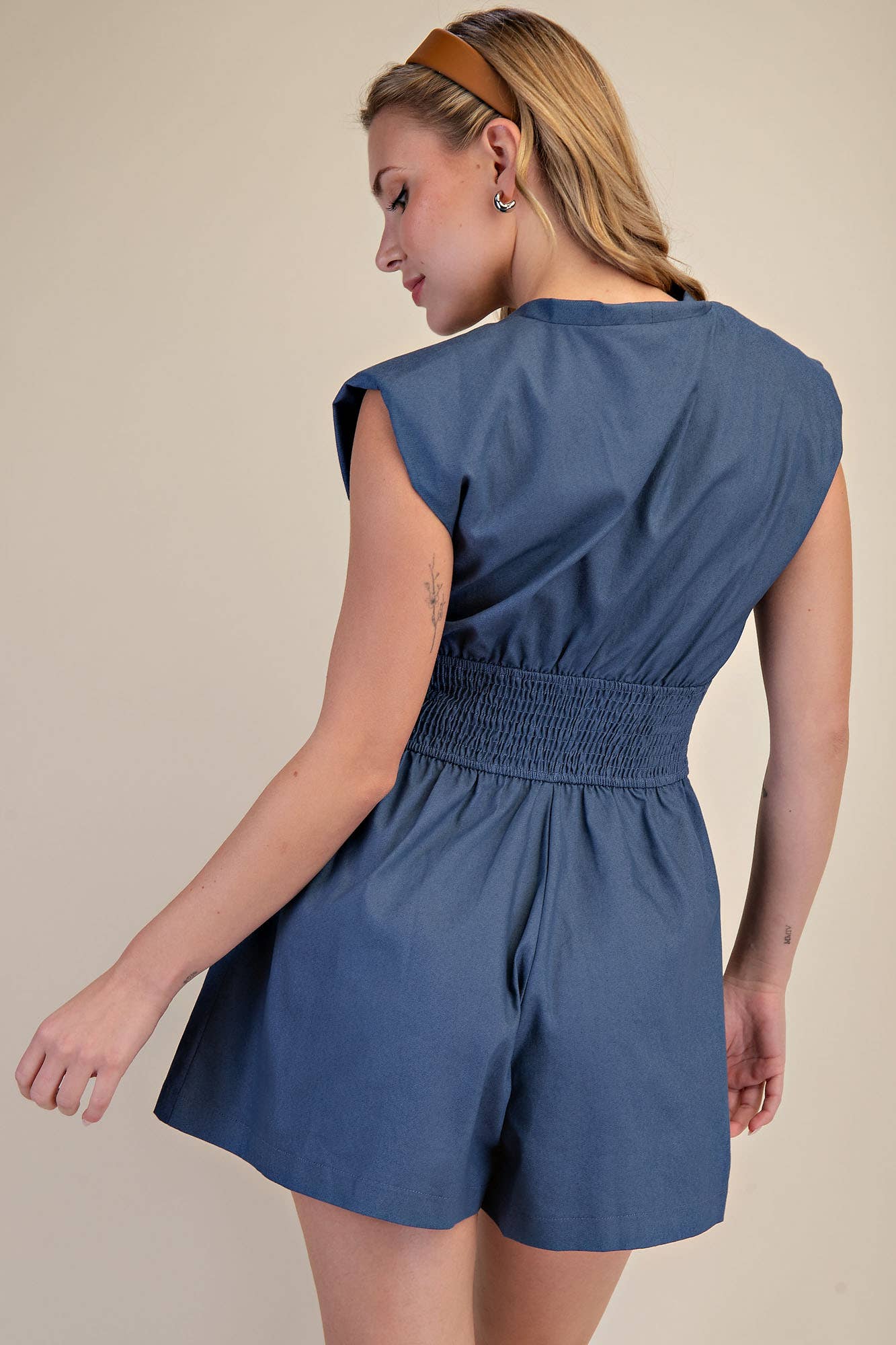 V-Neck Shoulder Padded Waist Smocked Front Zip Romper: Indigo