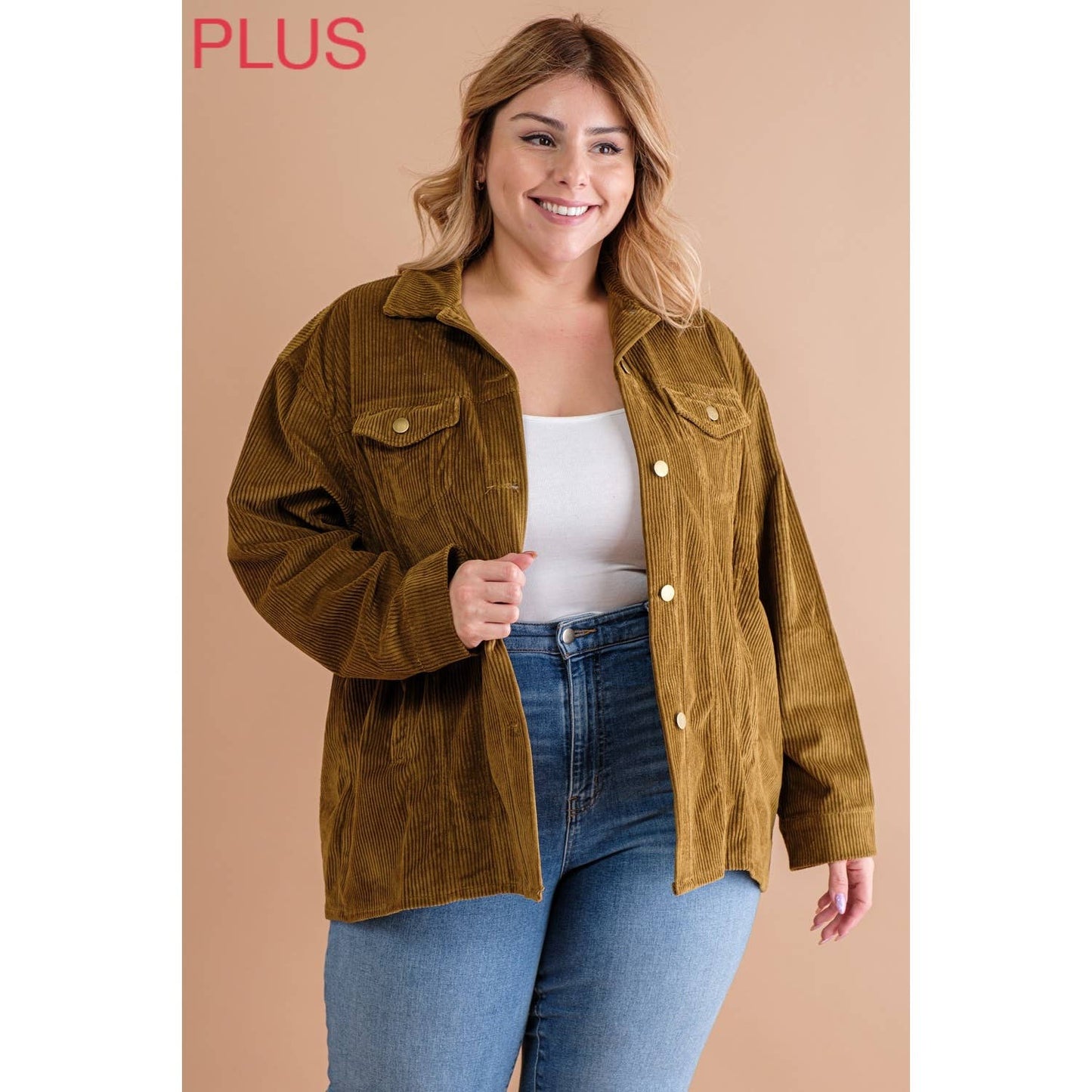 PLUS CORDUROY BUTTON DOWN SHIRT JACKET SHACKET: Butternut