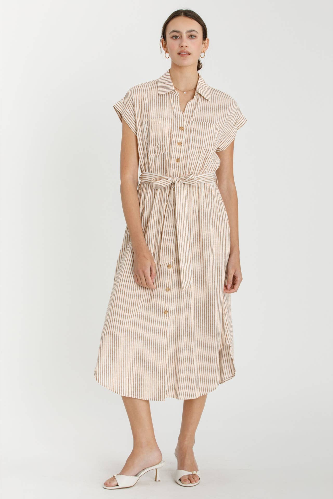 STRIPED UTILITY STYLE SHIRT DRESS W WAIST TIE : Blue