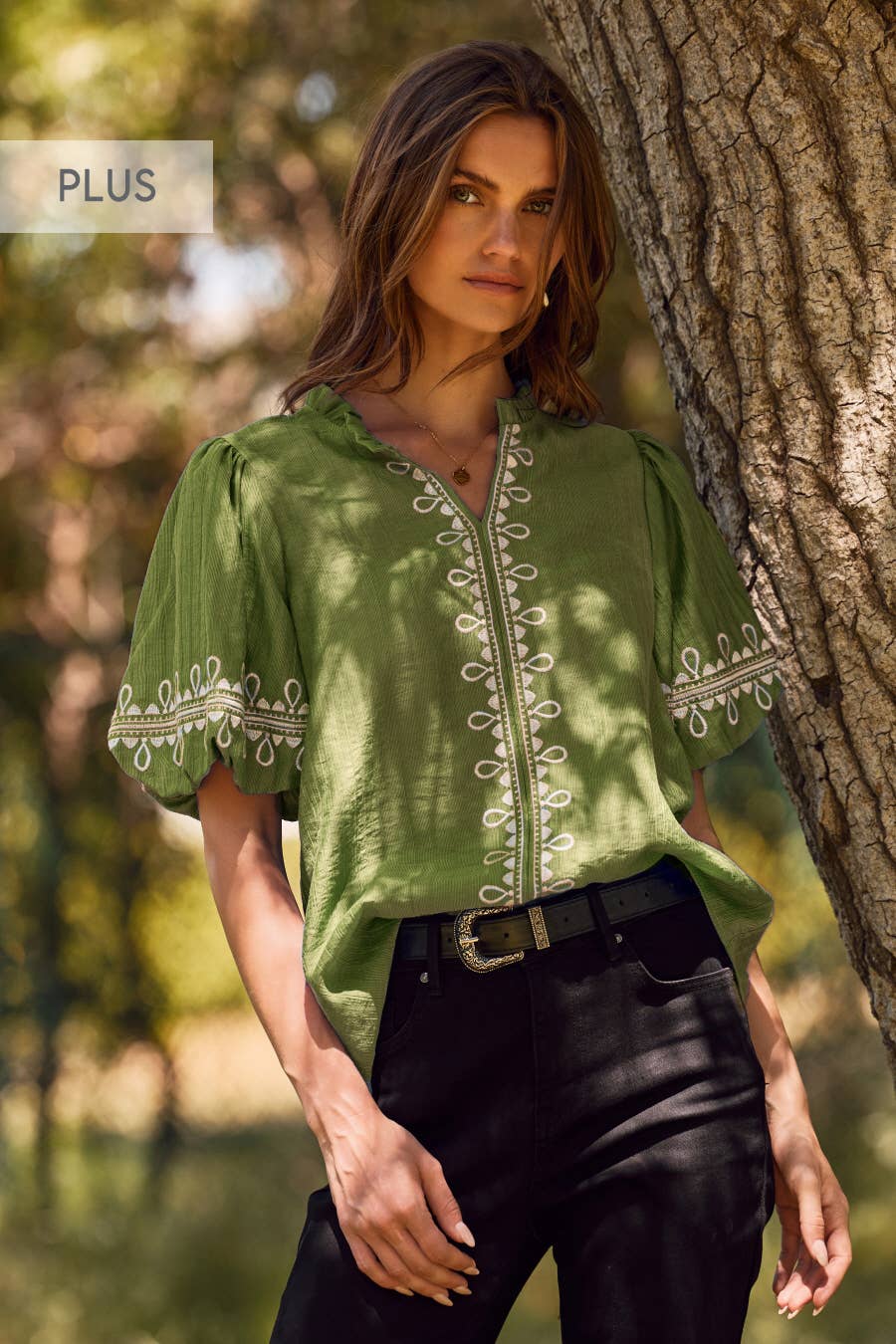 Plus Solid Embroidered Short Bubble Sleeve Blouse: Olive