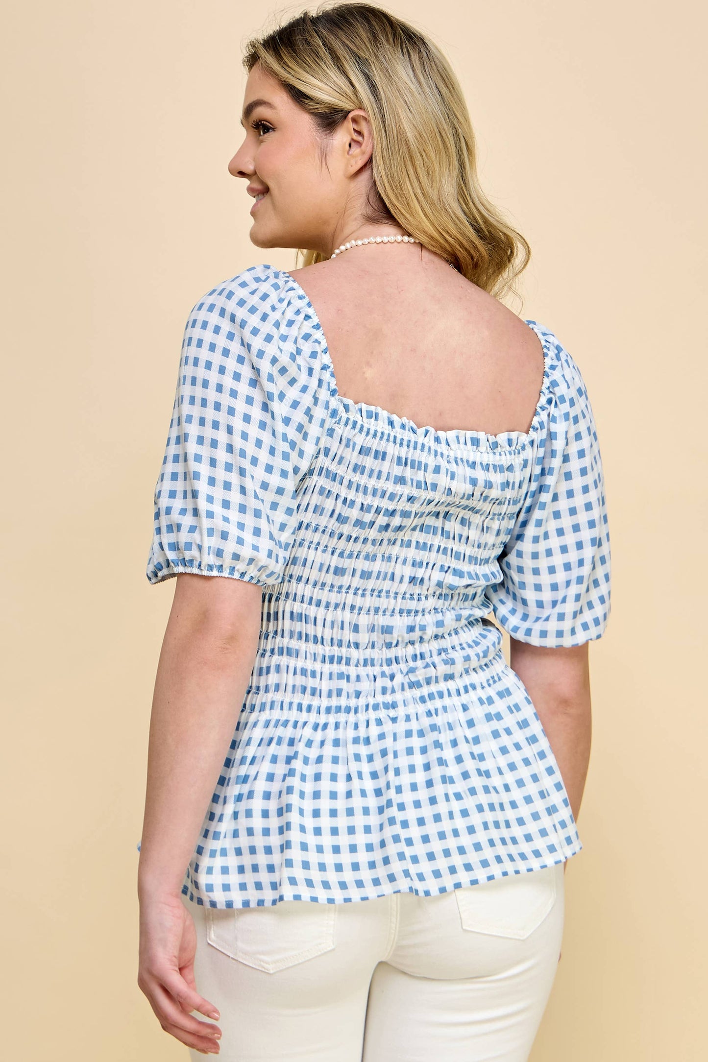 PLUS SIZE PUFF SLEEVE SMOCK BABY DOLL TOP: IVO/DEN