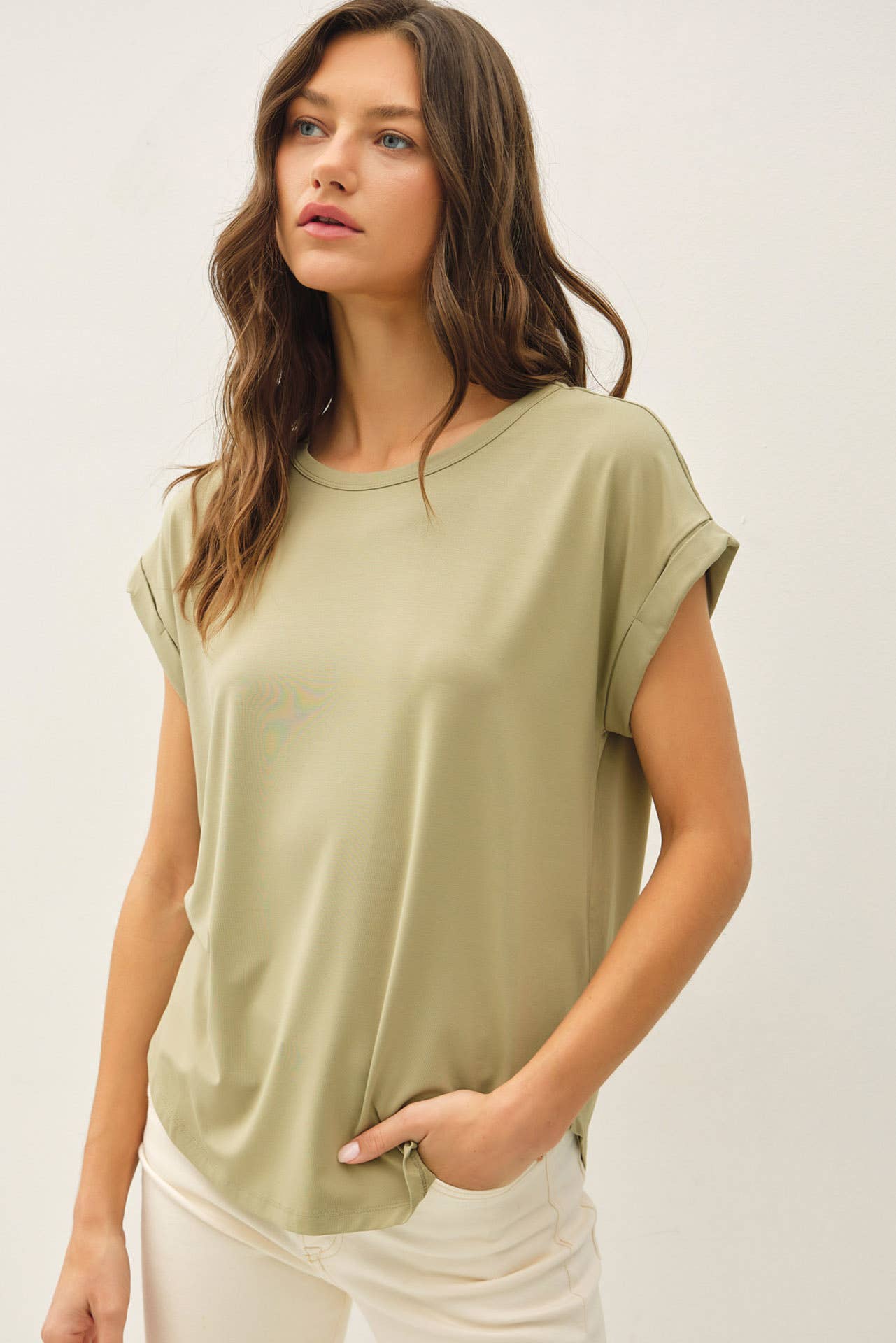 NEW COLOR-BAMBOO/MODAL ROUND NECK DOLMAN CAP SLEEVE T-SHIRT : SAGE
