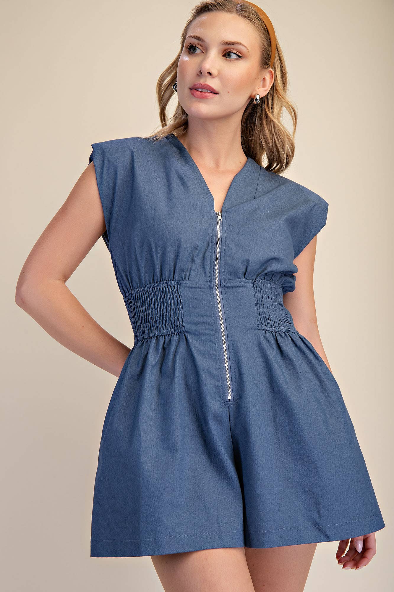 V-Neck Shoulder Padded Waist Smocked Front Zip Romper: Indigo