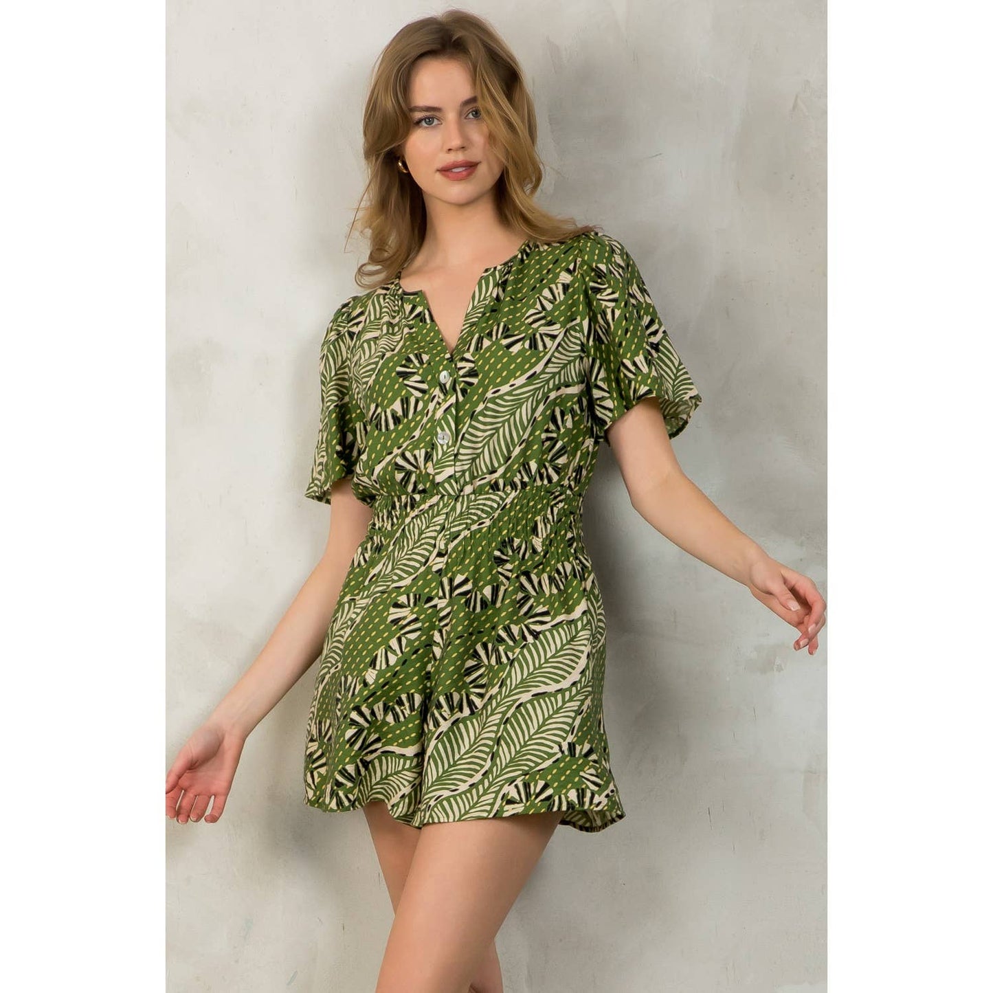 Smocked Waist Print Romper: GREEN