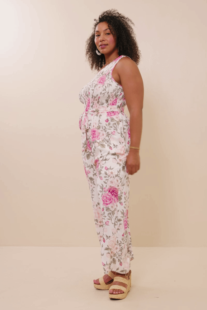 Womens Romantic Floral Smocked One Shoulder Jumpsuit: Pink