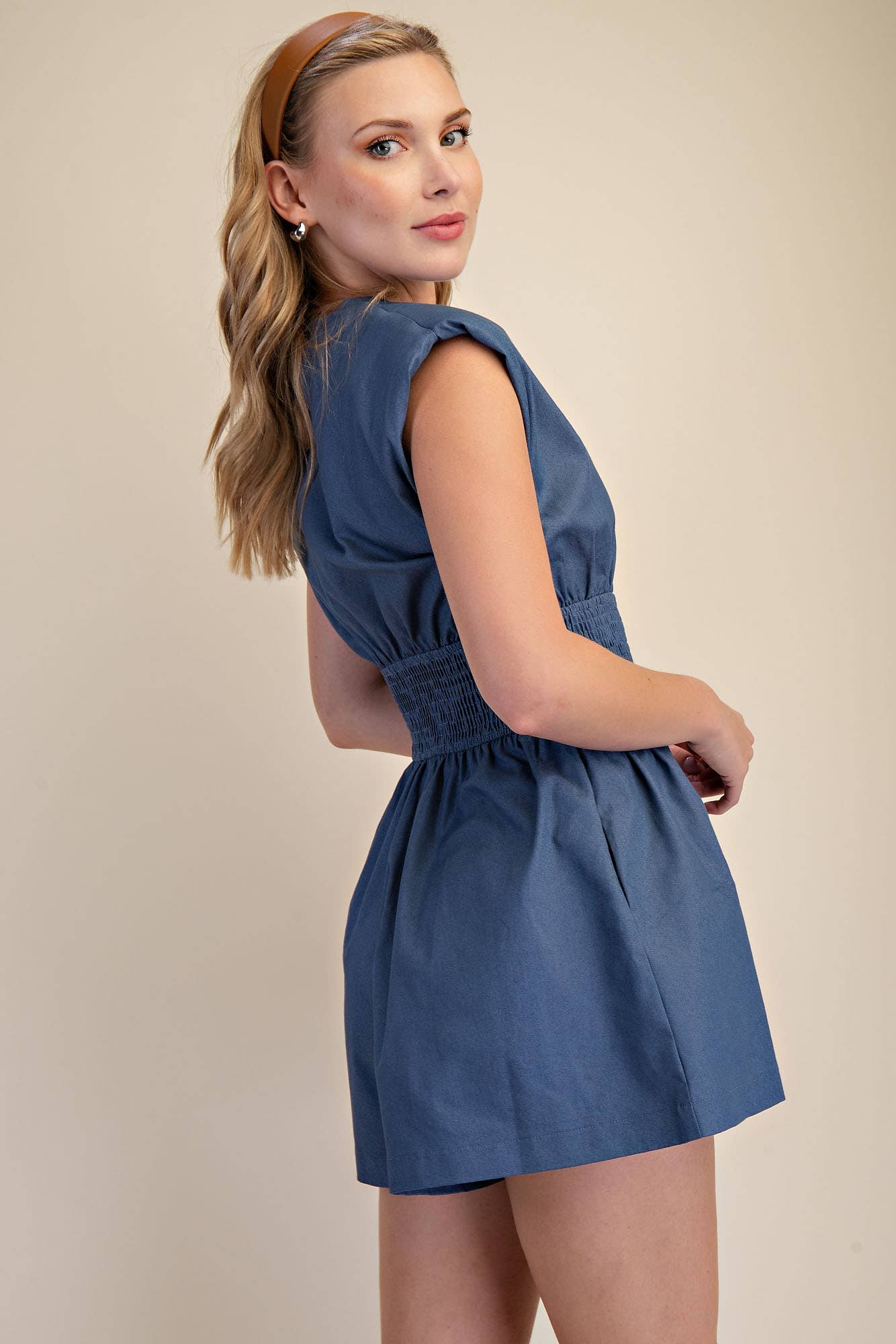 V-Neck Shoulder Padded Waist Smocked Front Zip Romper: Indigo