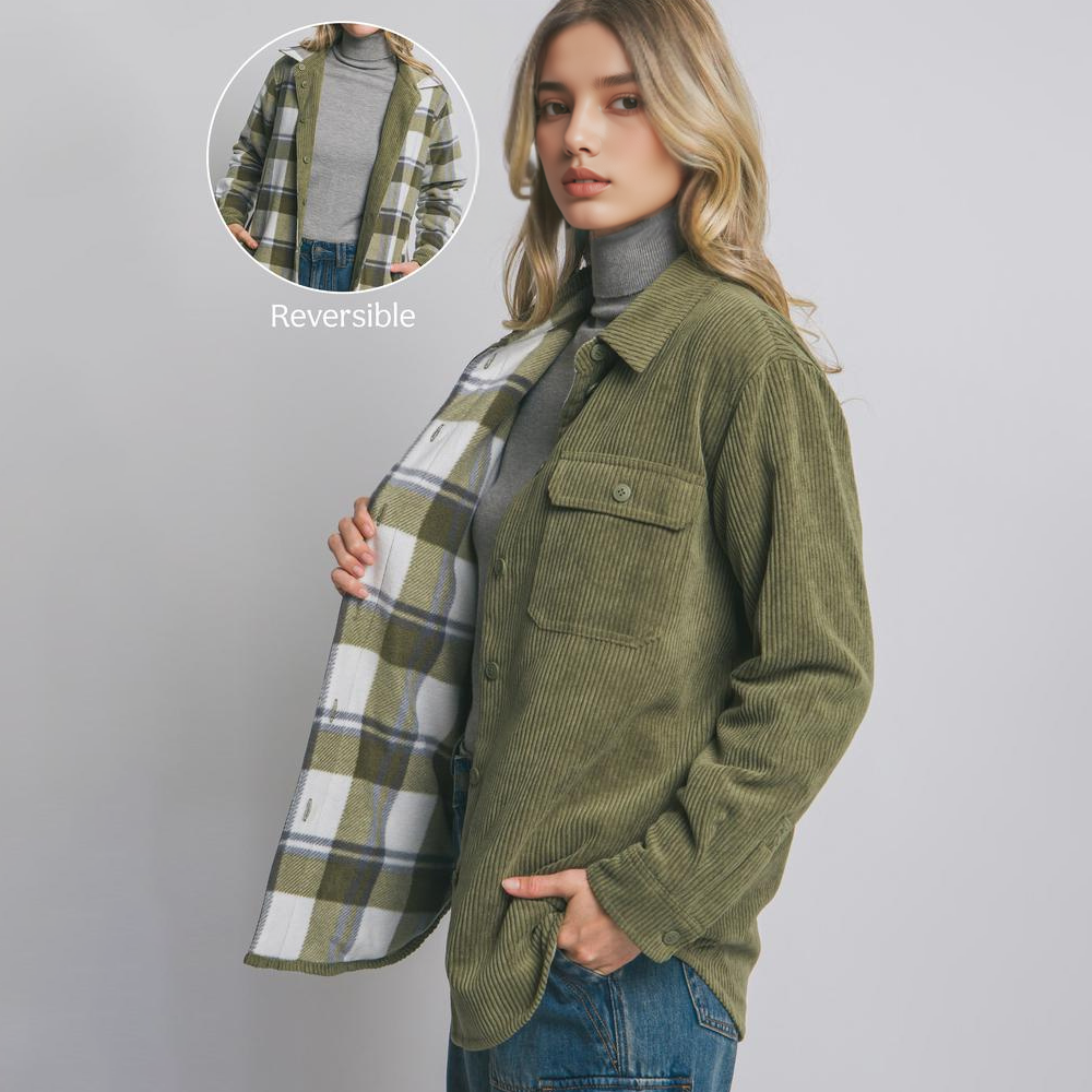 Corduroy Reversible Button Down Jacket: OLIVE