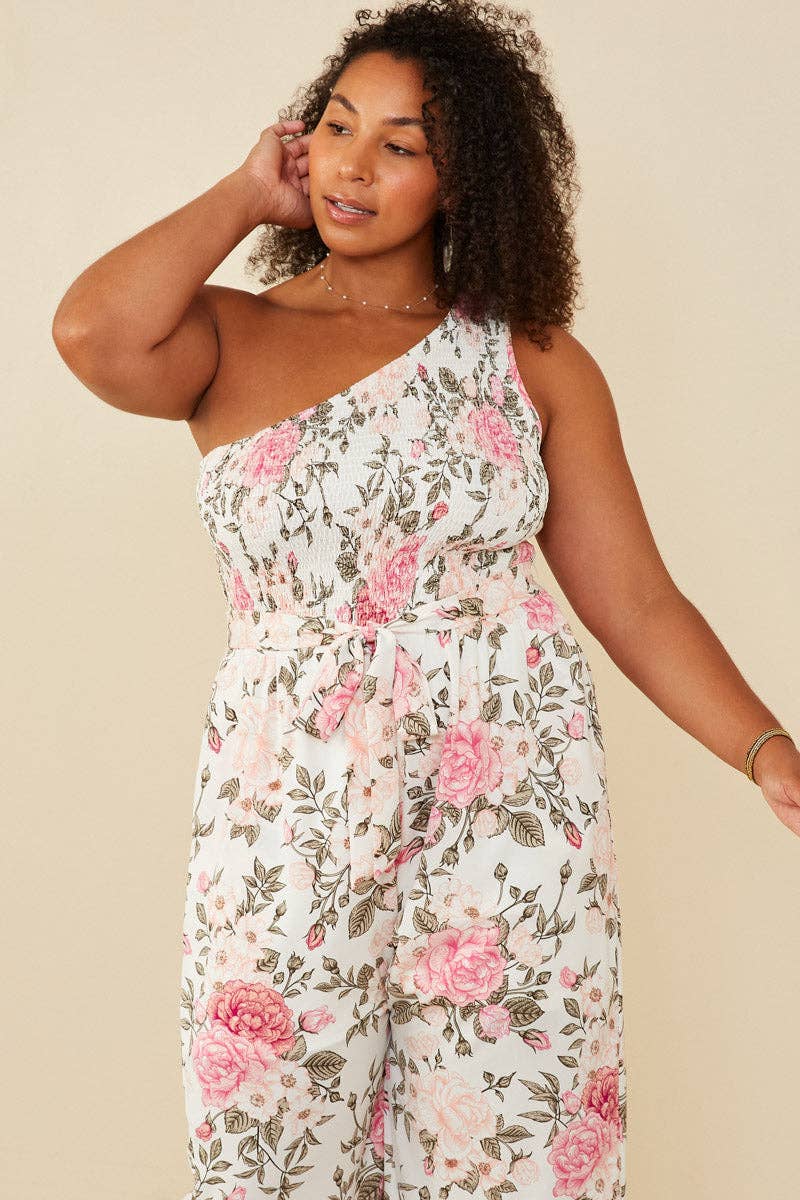Womens Romantic Floral Smocked One Shoulder Jumpsuit: Pink