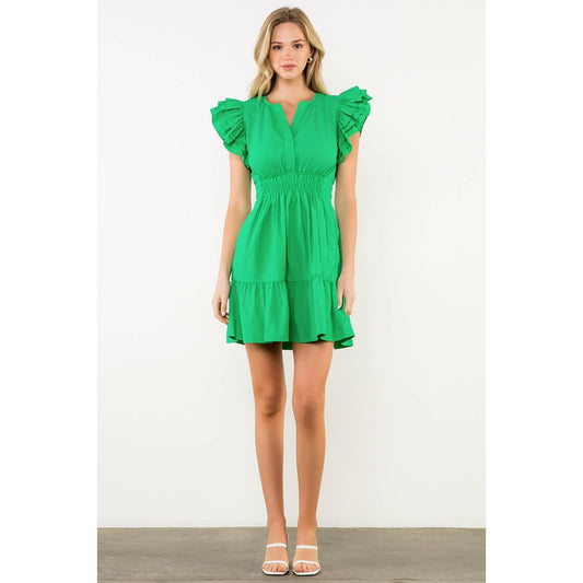 Smocked Waist Flutter Dress: GREEN