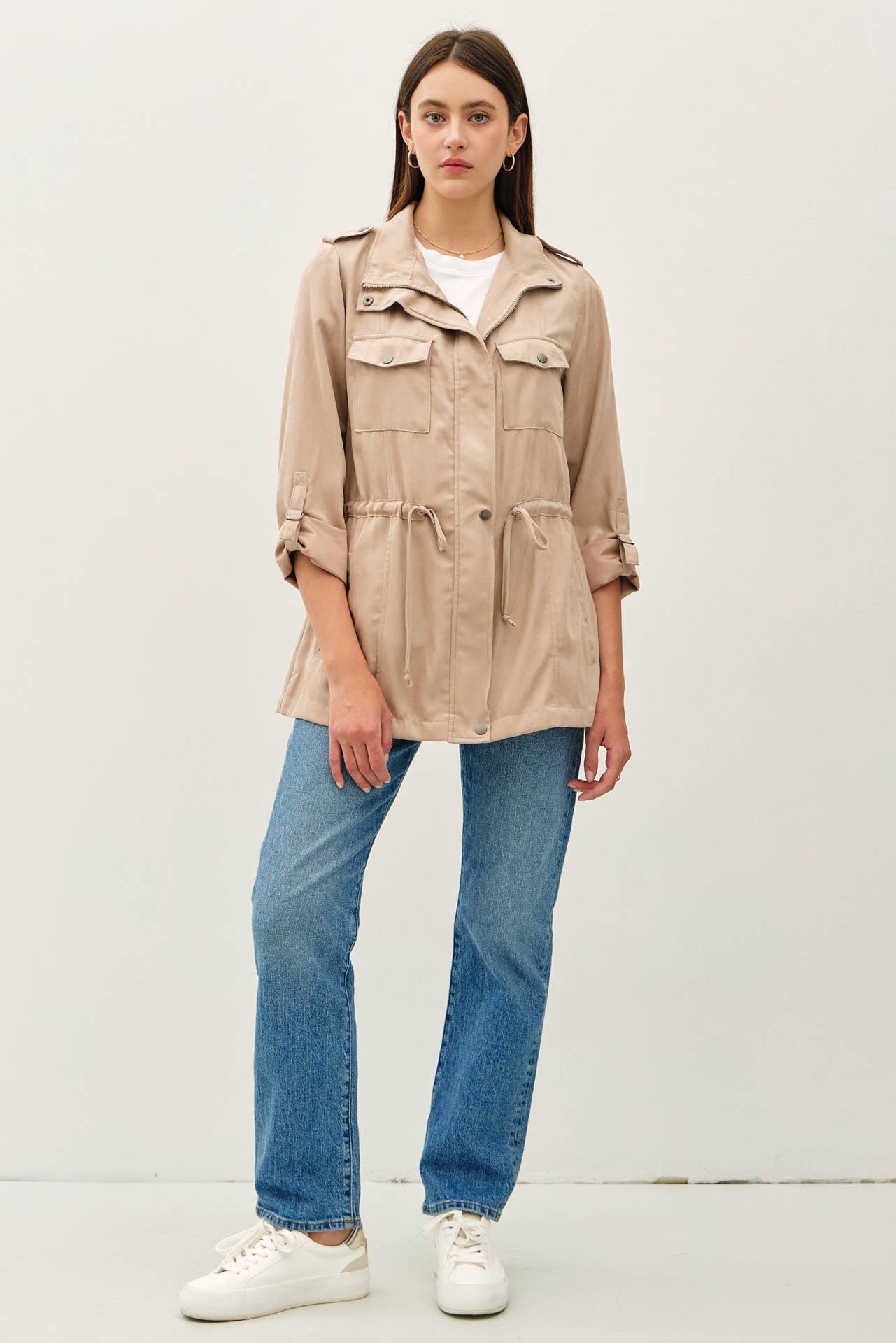 CINCHED WAIST SAFARI CARGO UTILITY JACKET : Beige