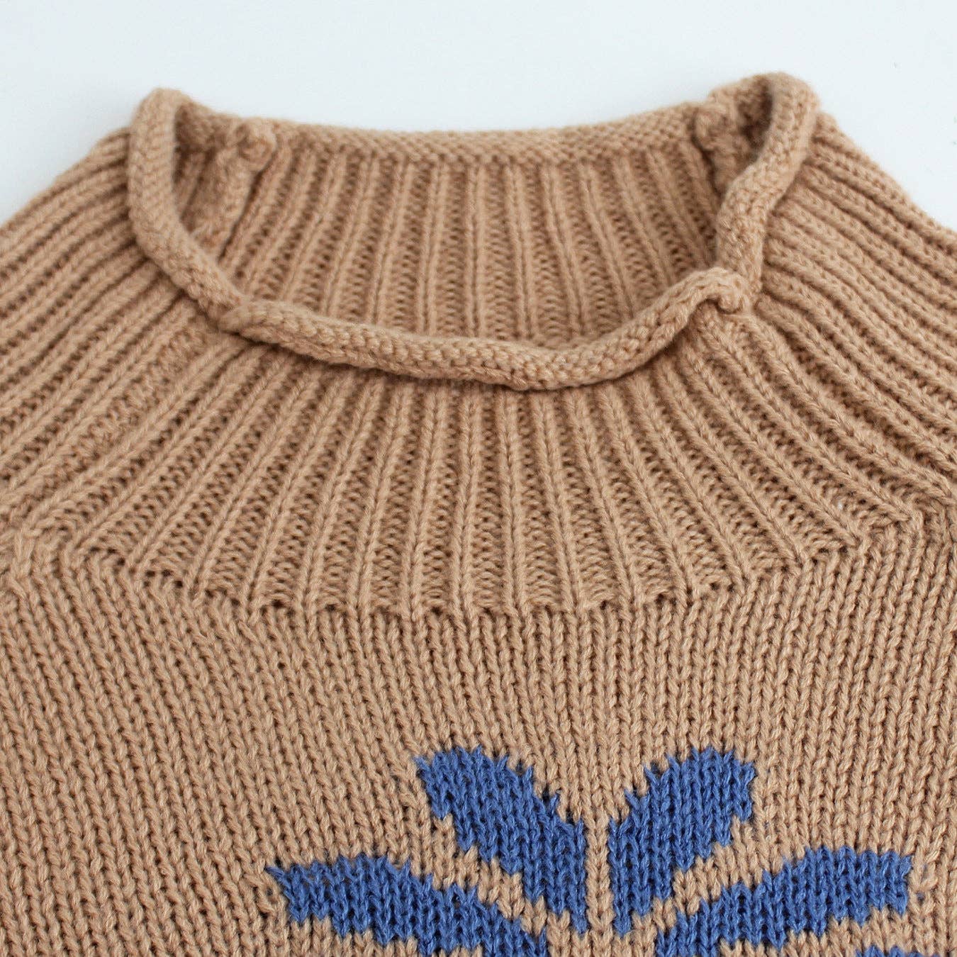 Khaki Floral Knit Sweater Women Ribbed Pattern