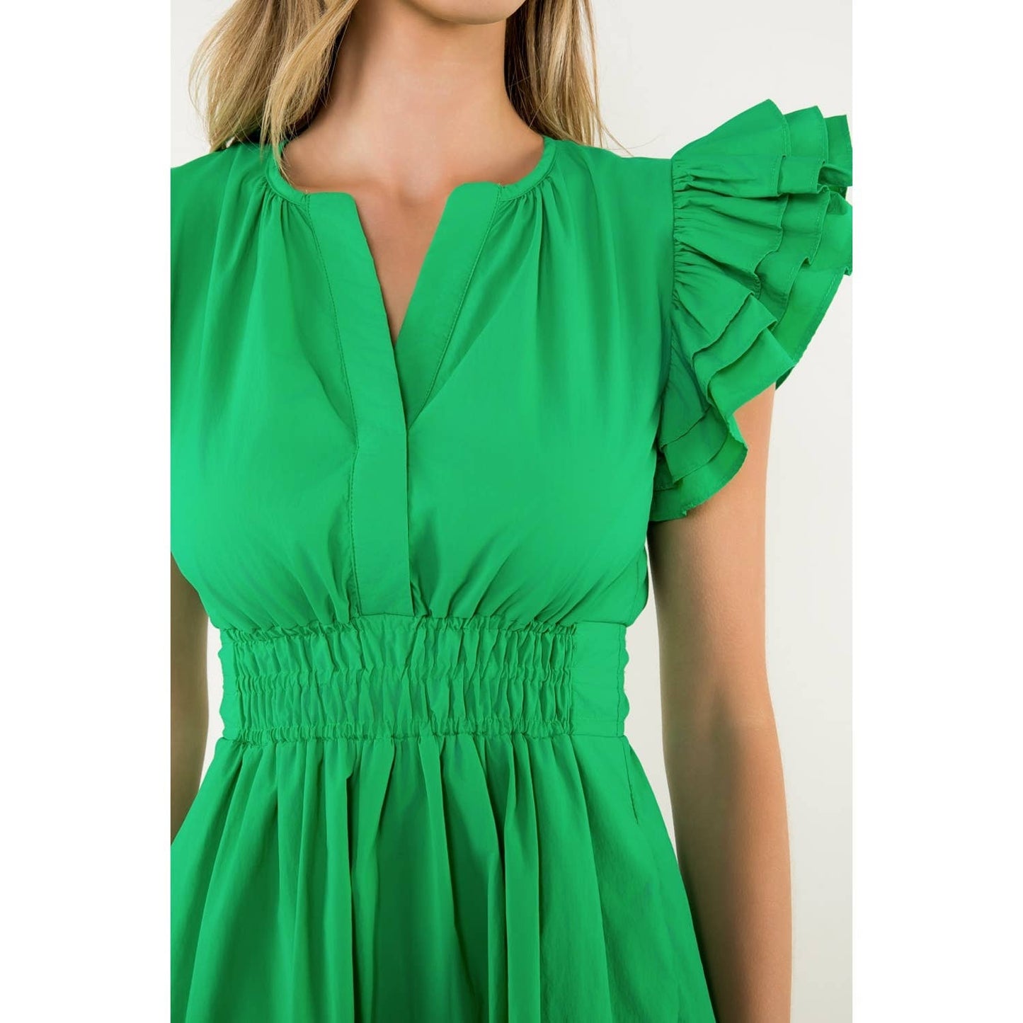Smocked Waist Flutter Dress: GREEN