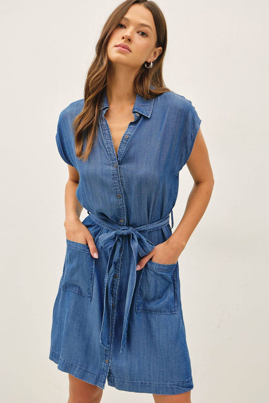 MINI DENIM LOOK TENCEL BUTTON UP DRESS WITH POCKETS : MED WASH