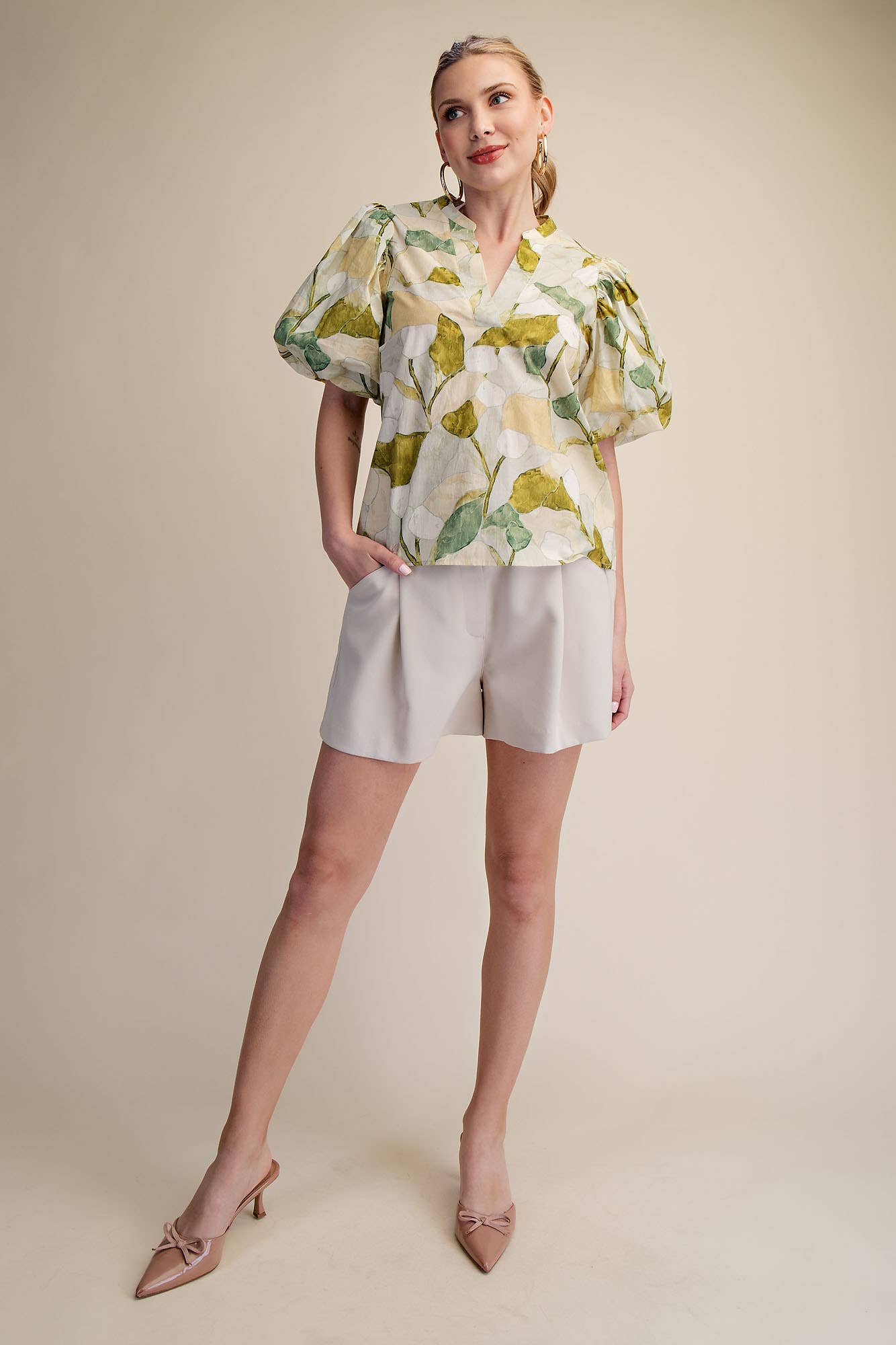 V-Neck Puff-Sleeve Top: Green