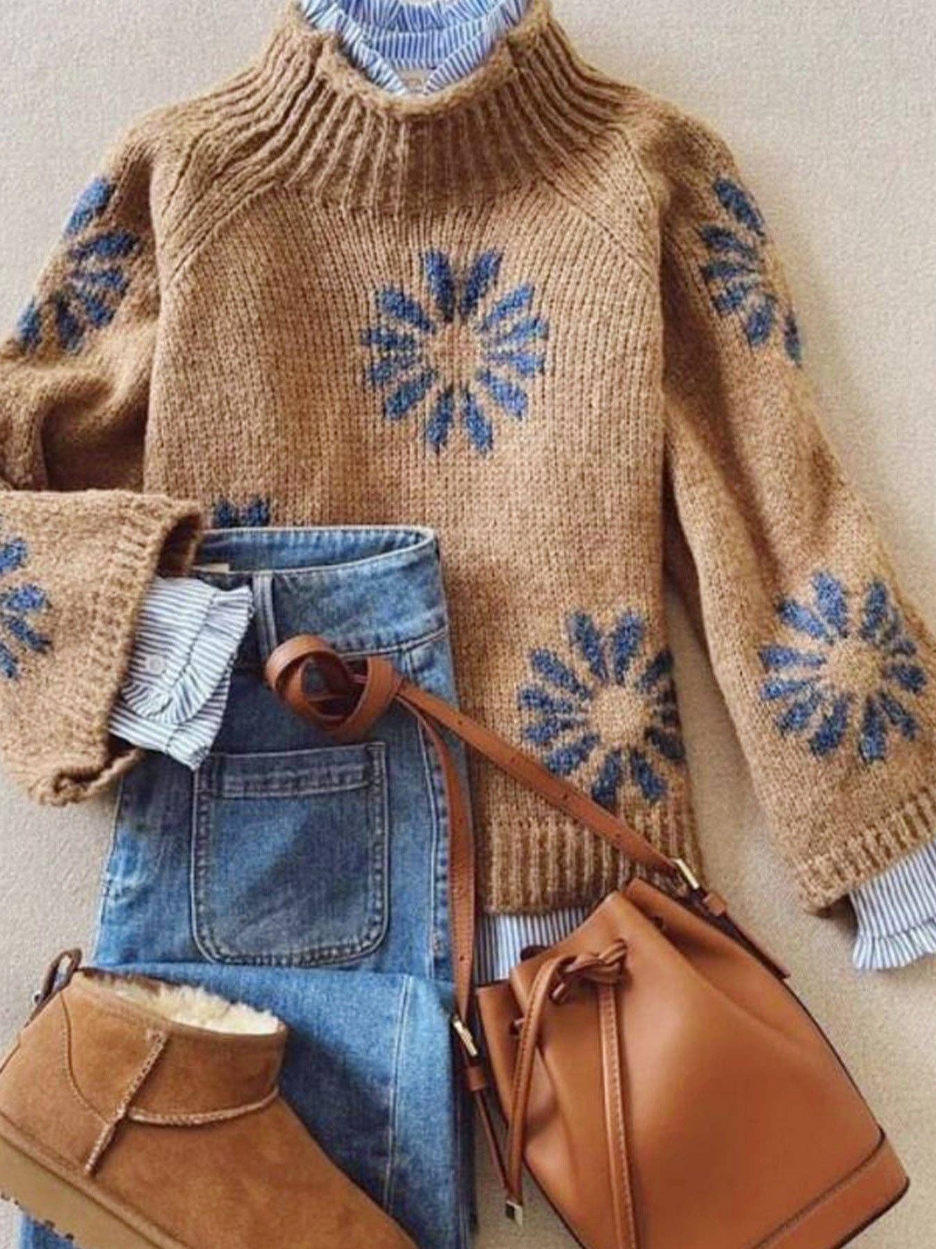 Khaki Floral Knit Sweater Women Ribbed Pattern