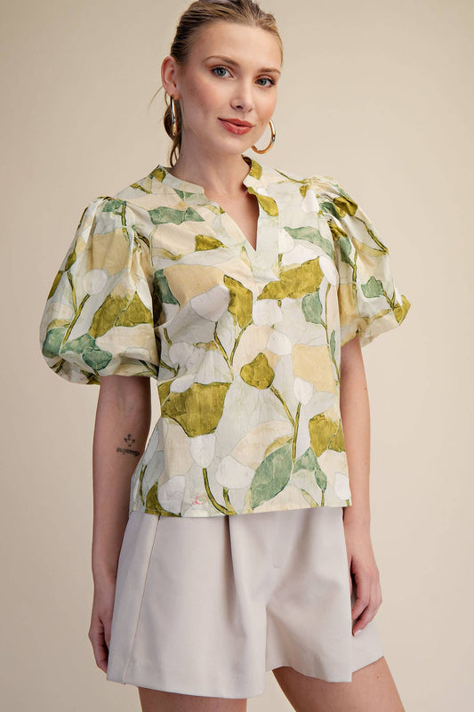 V-Neck Puff-Sleeve Top: Green