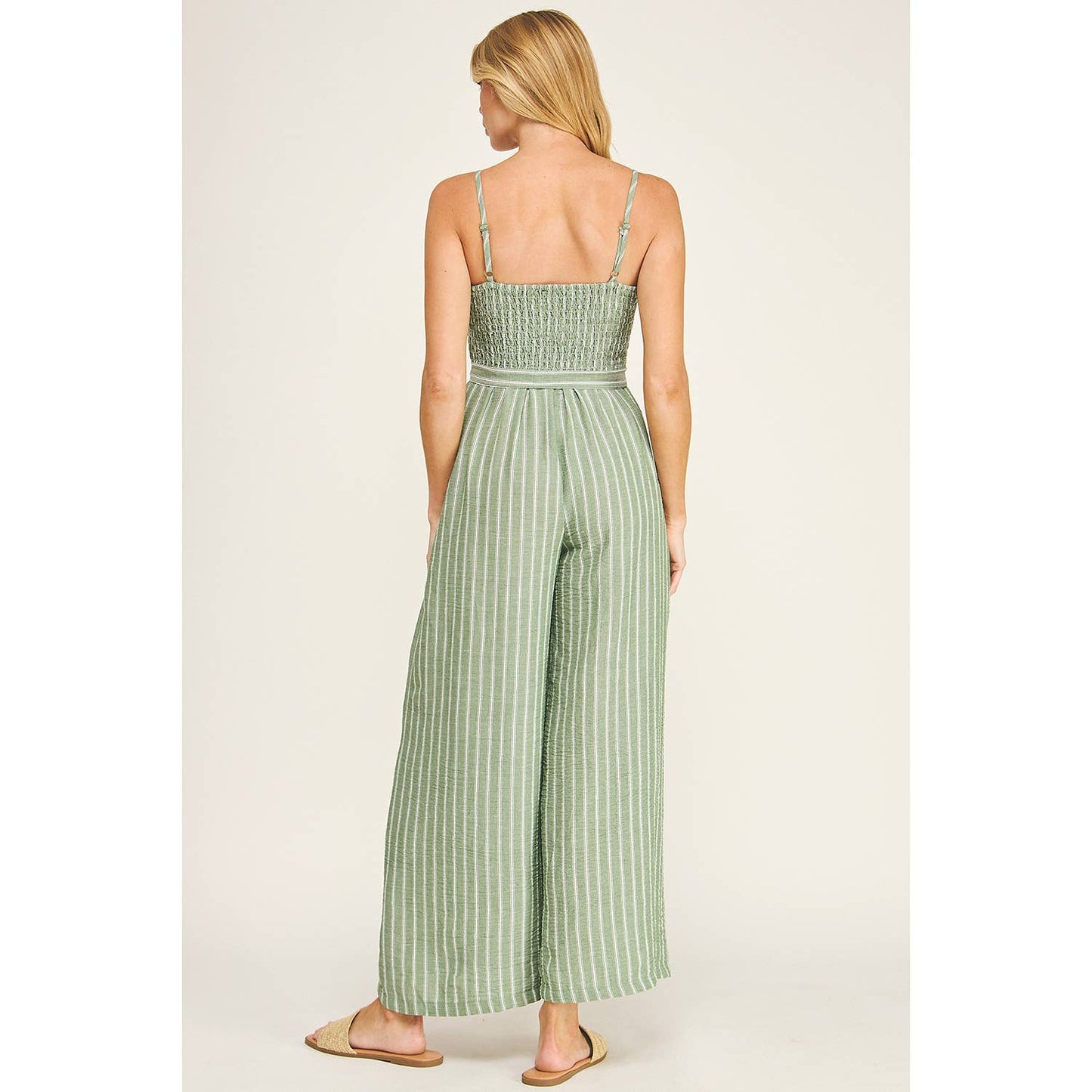 COASTAL STRIPE SMOCKED WIDE LEG JUMPSUIT: COMFREY/WHITE /