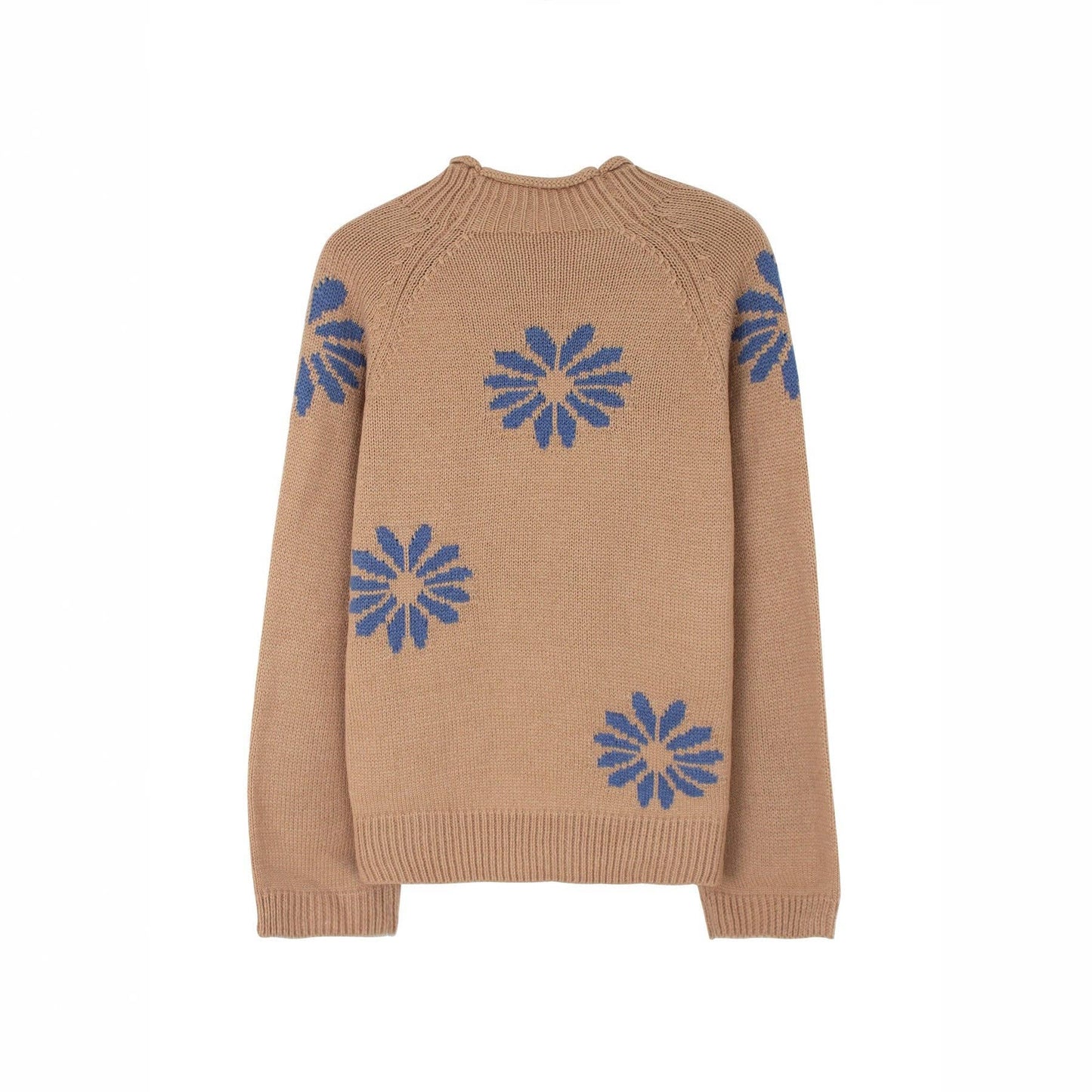 Khaki Floral Knit Sweater Women Ribbed Pattern