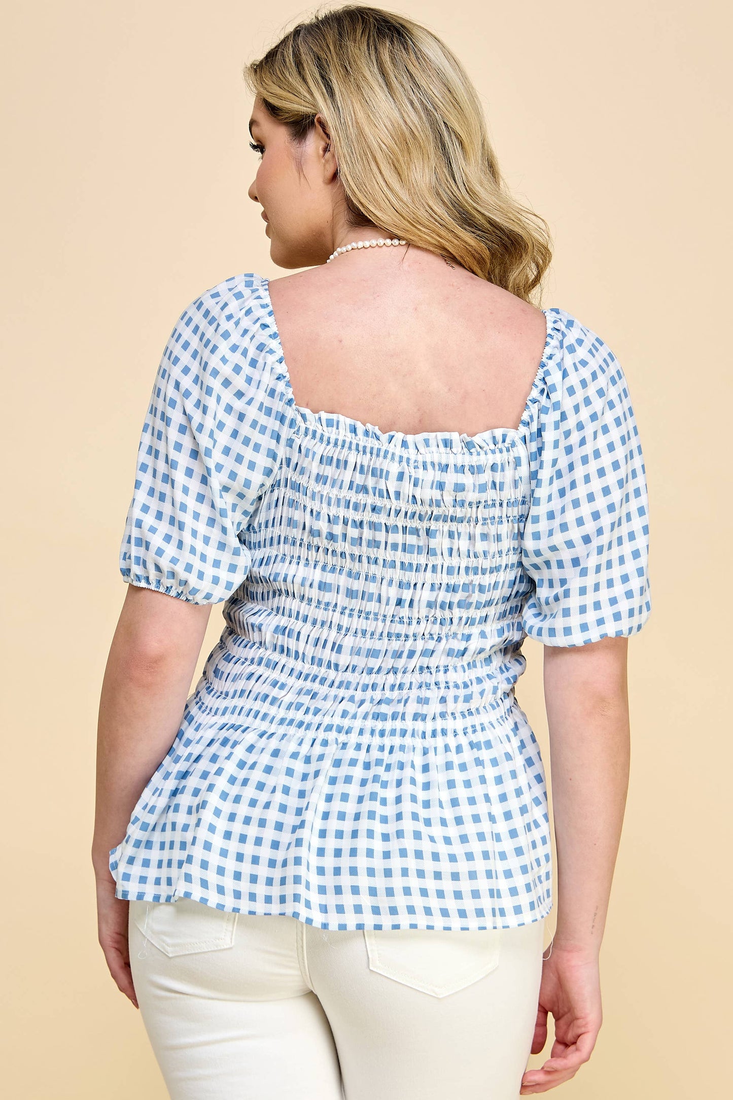 PLUS SIZE PUFF SLEEVE SMOCK BABY DOLL TOP: IVO/DEN