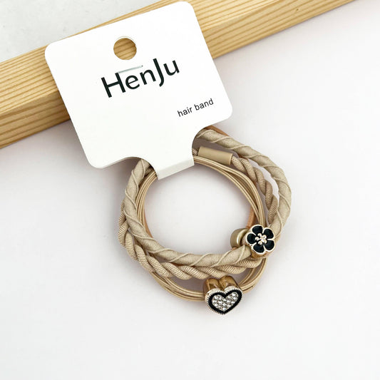 4pcs Heart Hair Tie Set, Flower Hair Tie: Beige
