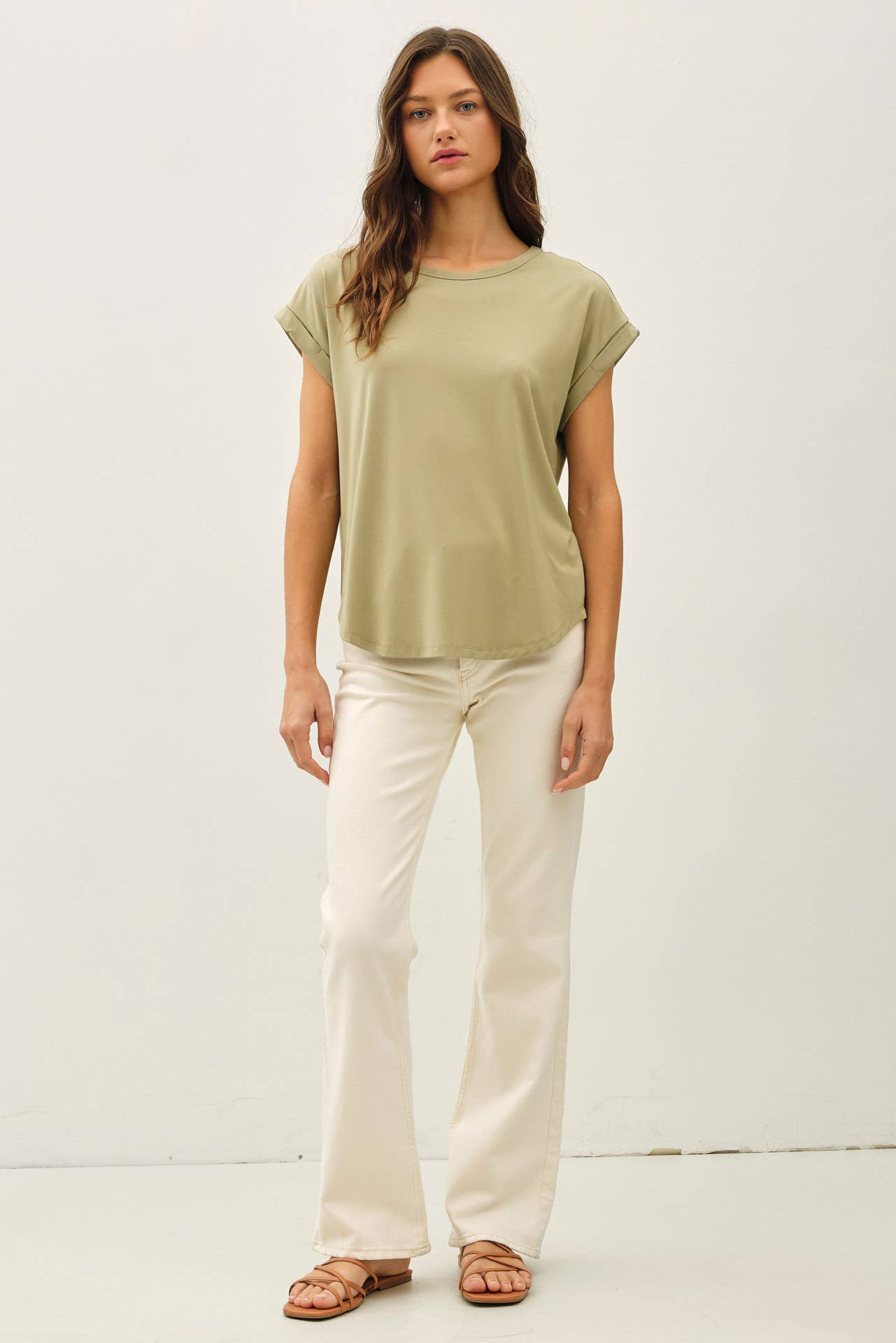 NEW COLOR-BAMBOO/MODAL ROUND NECK DOLMAN CAP SLEEVE T-SHIRT : SAGE