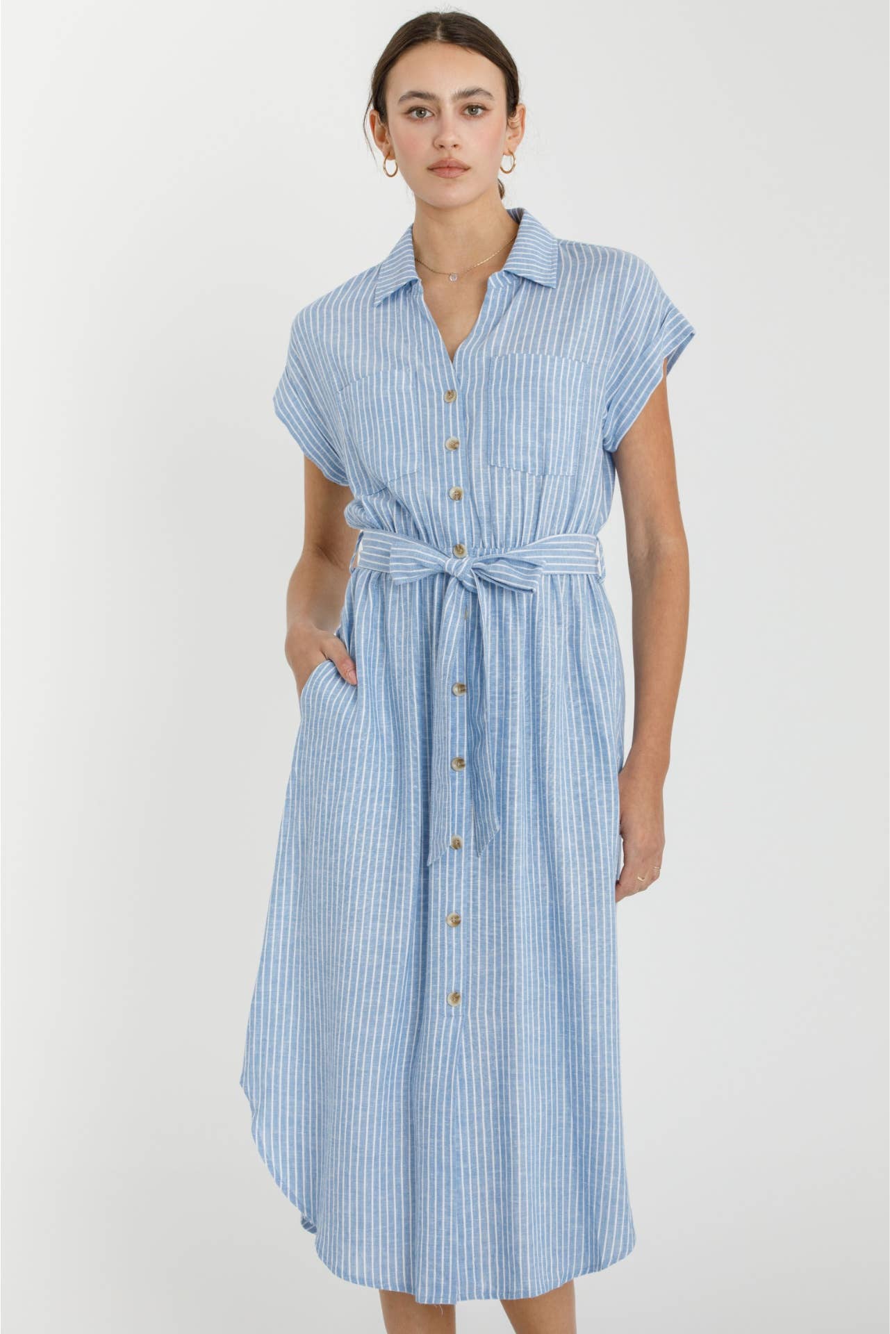 STRIPED UTILITY STYLE SHIRT DRESS W WAIST TIE : Blue