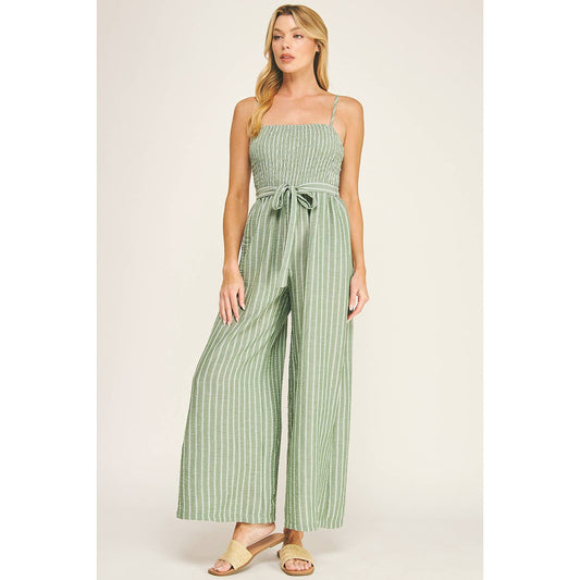 COASTAL STRIPE SMOCKED WIDE LEG JUMPSUIT: COMFREY/WHITE /