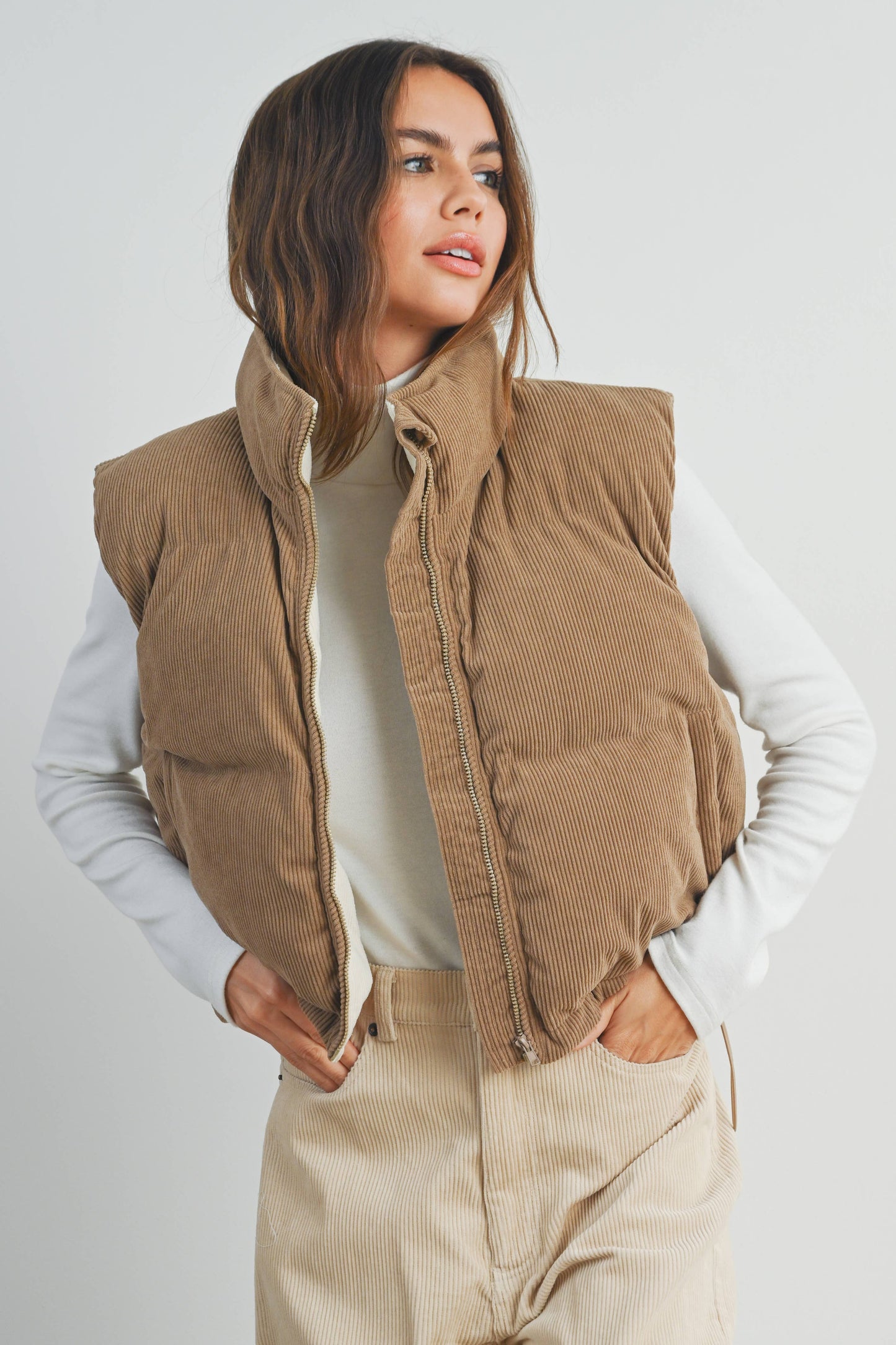Fall Adoreme Corduroy Puffer Vest - BMJ7242: CAMEL / IVORY