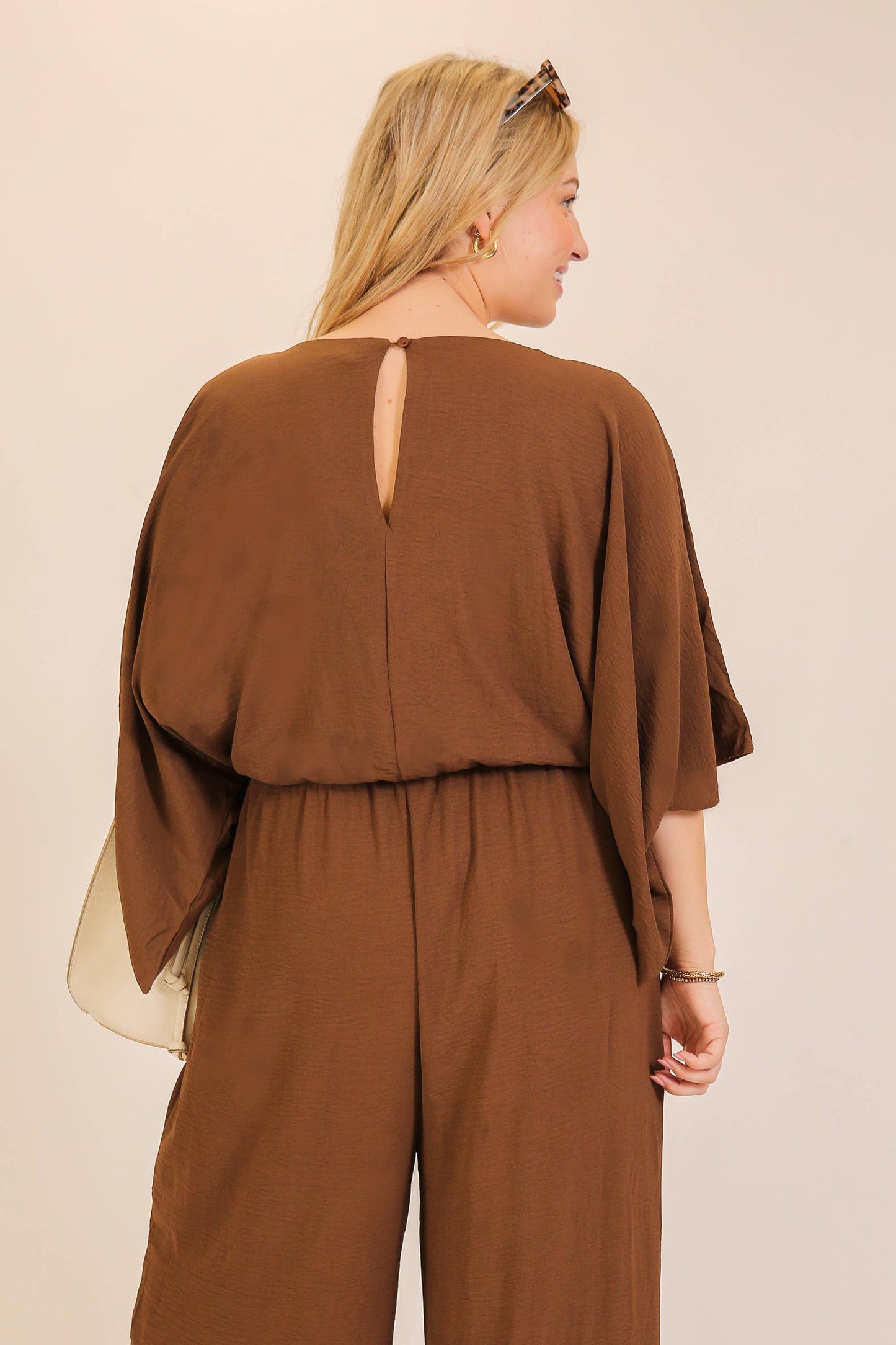 Plus Size Airflow Dolman Sleeve Wide-Leg Jumpsuit : Brown