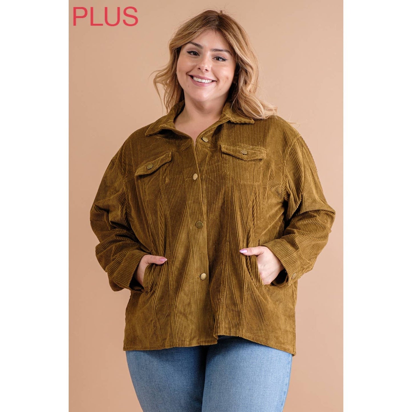 PLUS CORDUROY BUTTON DOWN SHIRT JACKET SHACKET: Butternut