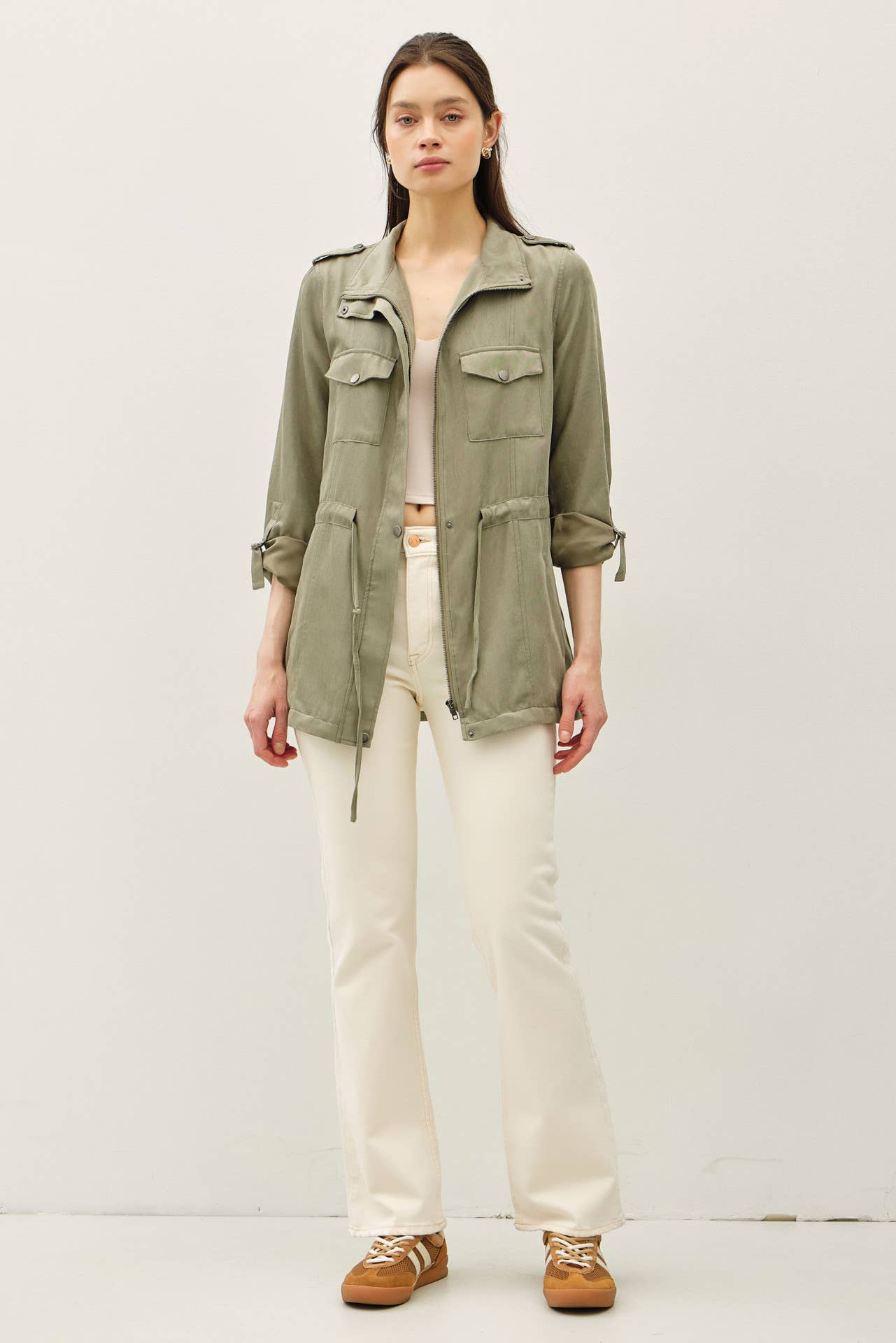 CINCHED WAIST SAFARI CARGO UTILITY JACKET : Beige