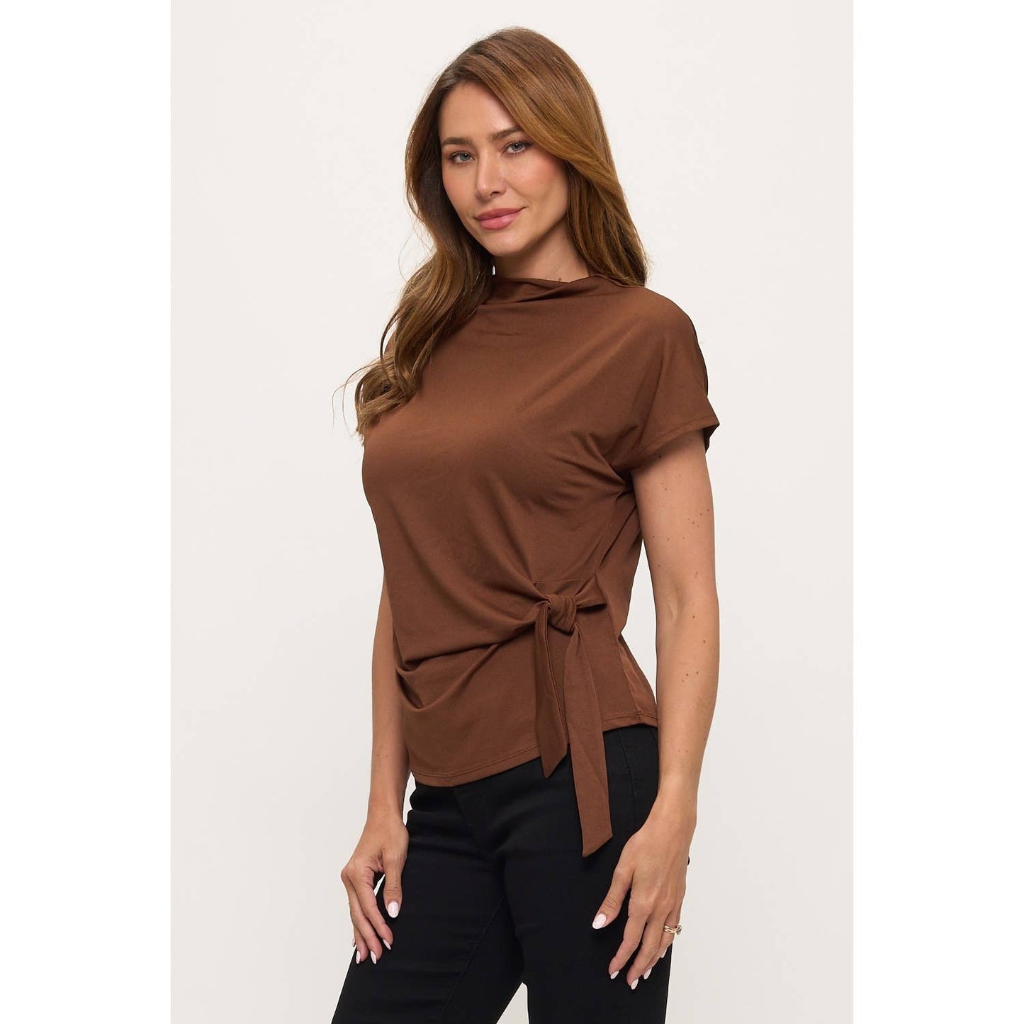 SIDE TIE MOCK NECK TOP: Dark Coffee
