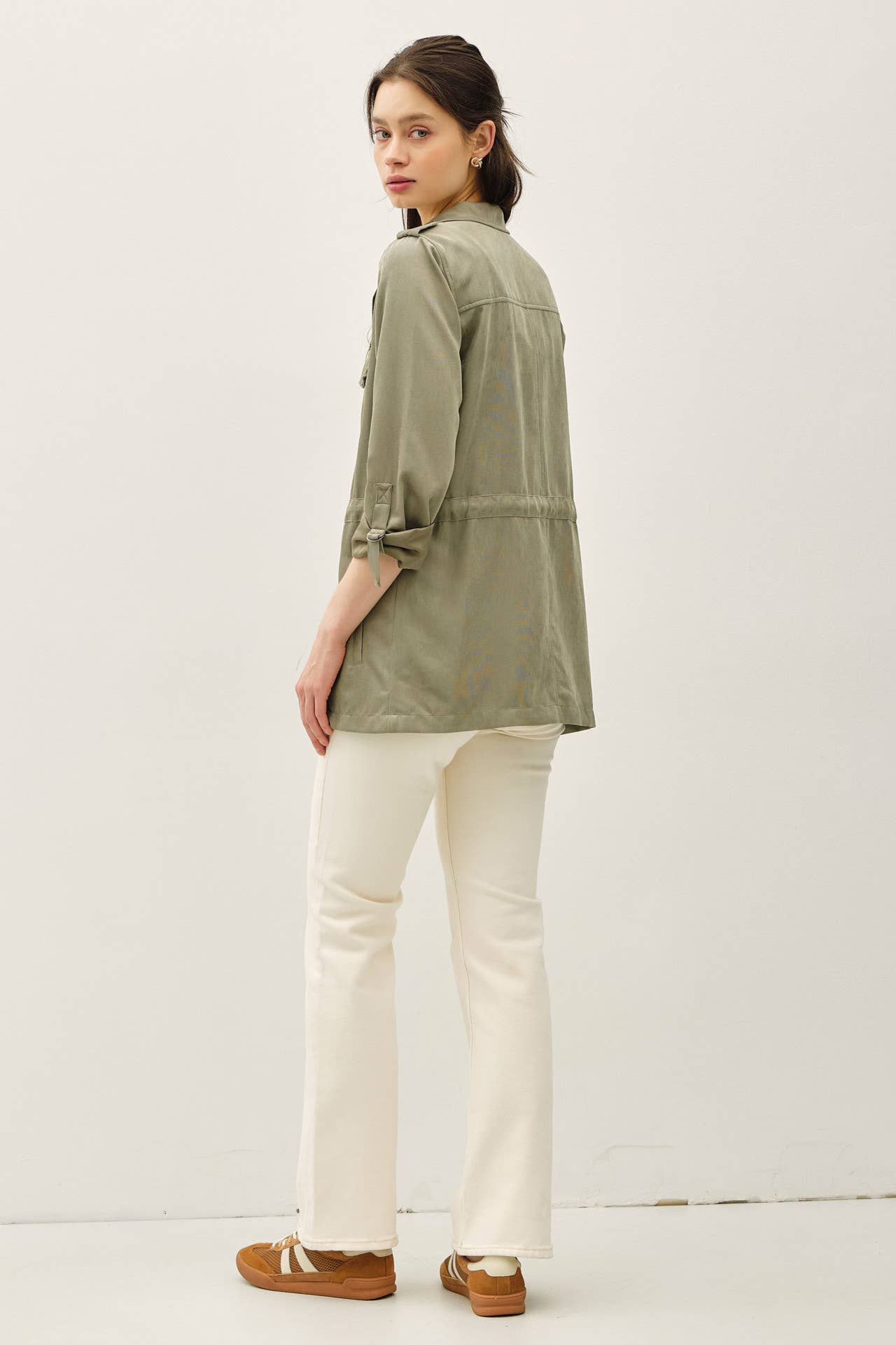CINCHED WAIST SAFARI CARGO UTILITY JACKET : Beige