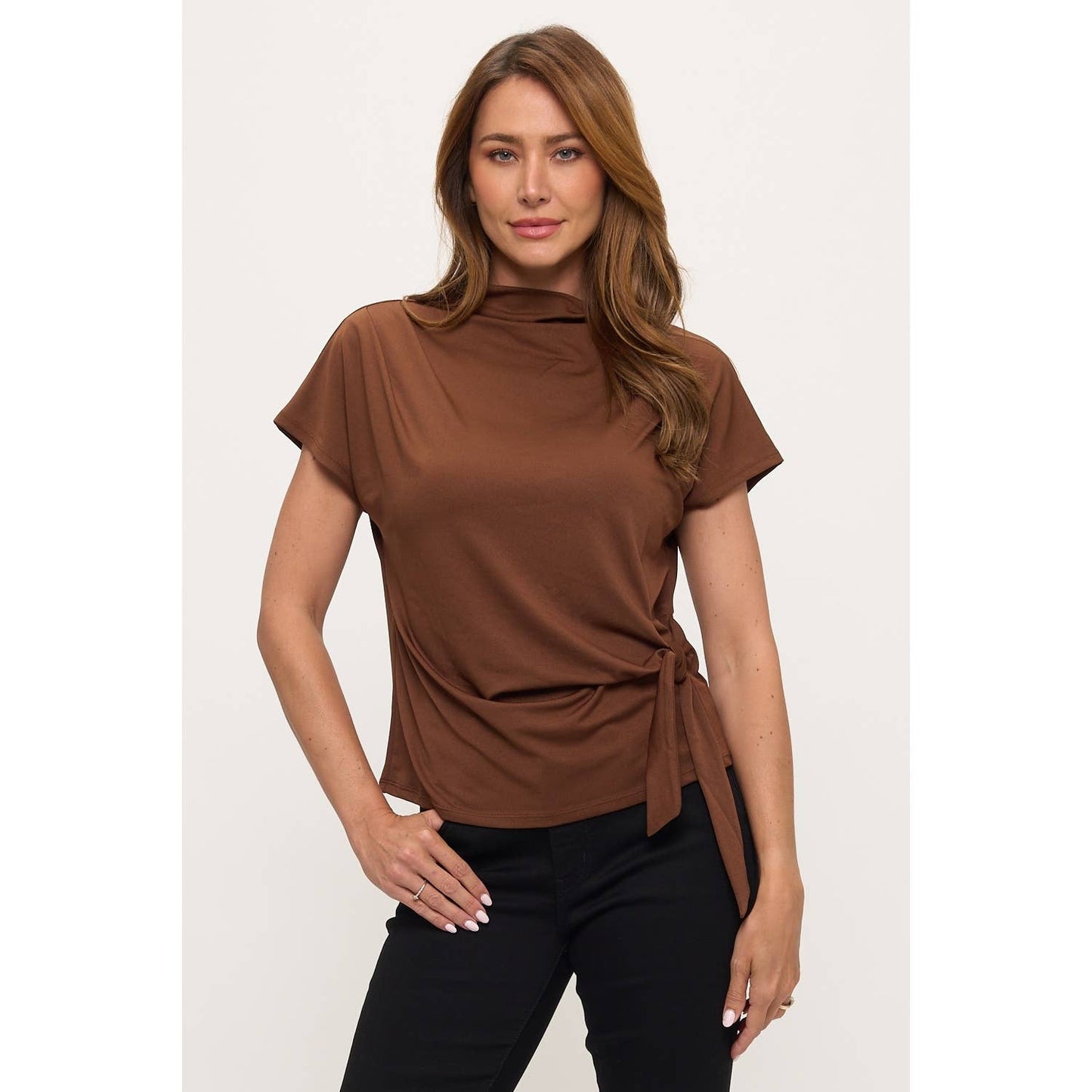 SIDE TIE MOCK NECK TOP: Dark Coffee