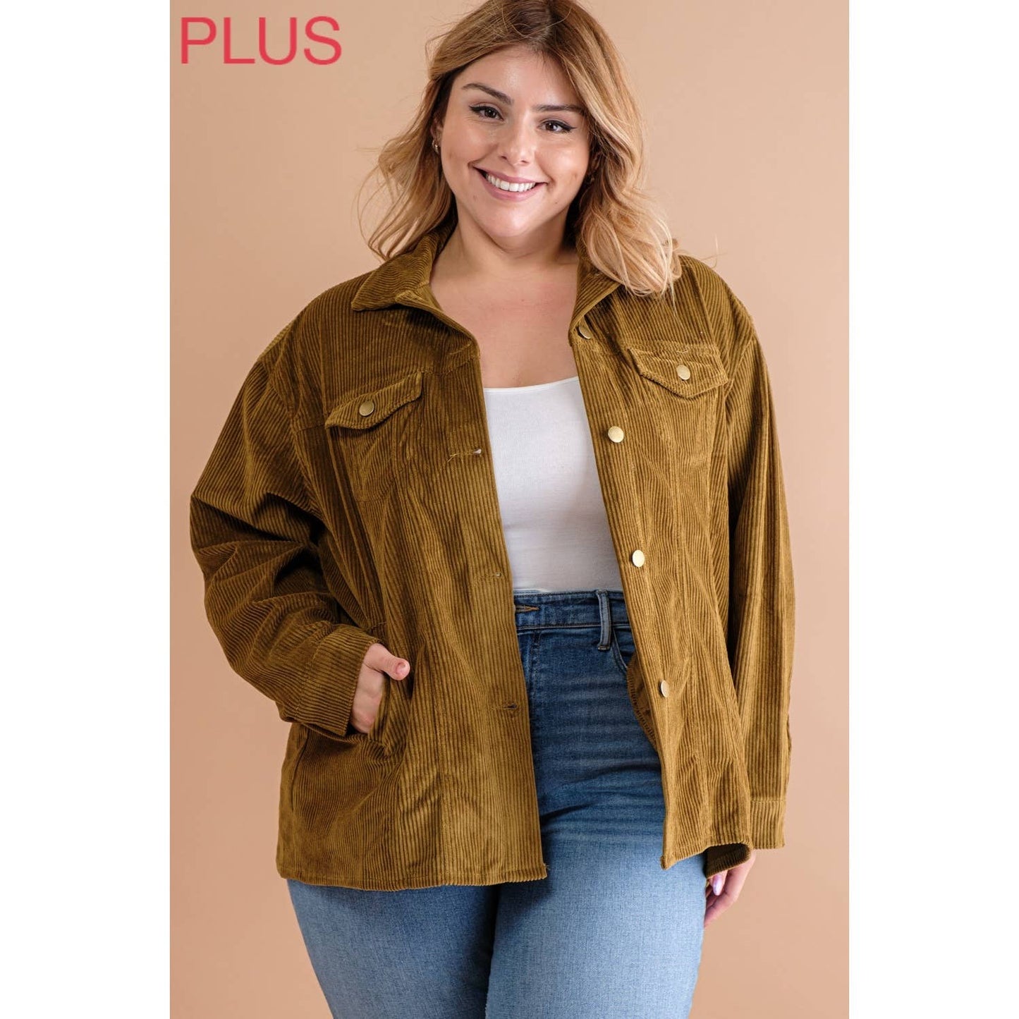 PLUS CORDUROY BUTTON DOWN SHIRT JACKET SHACKET: Butternut