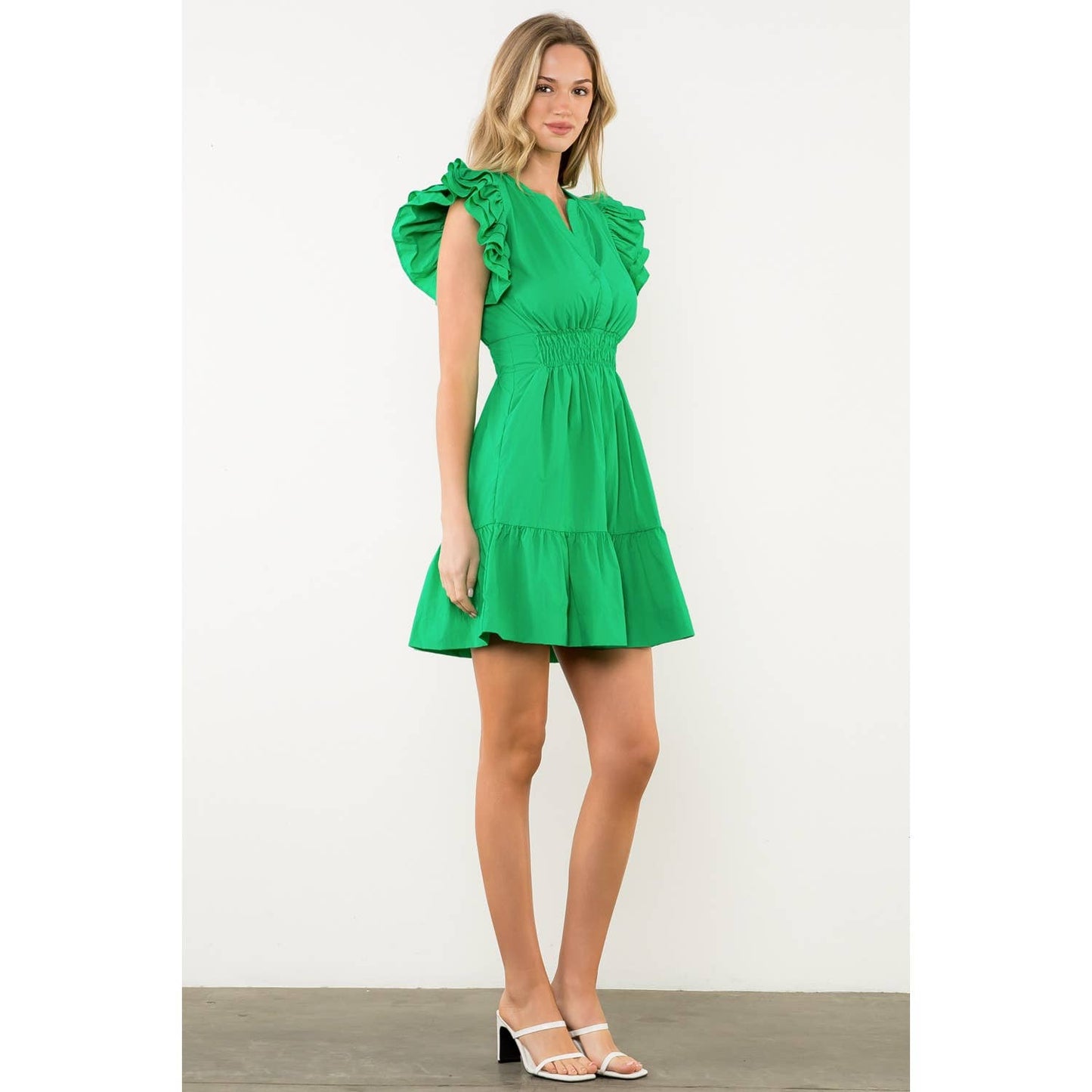 Smocked Waist Flutter Dress: GREEN