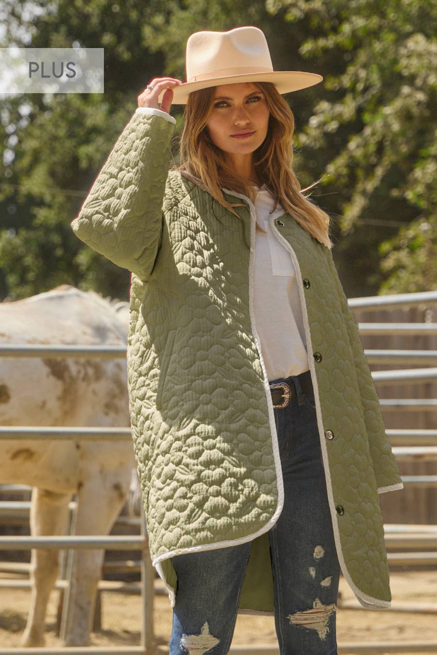 Plus Floral Quilted Midi Long Sleeve Jacket : Sage