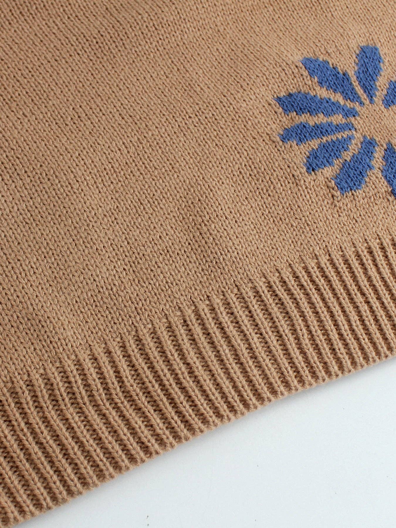 Khaki Floral Knit Sweater Women Ribbed Pattern