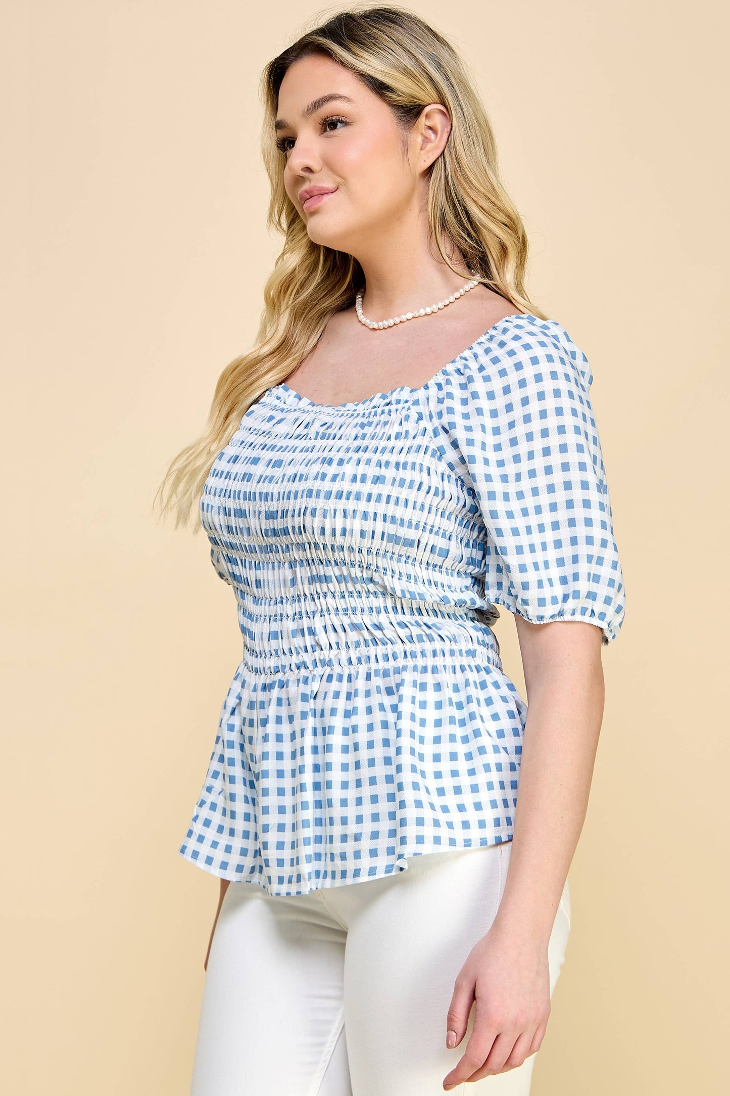PLUS SIZE PUFF SLEEVE SMOCK BABY DOLL TOP: IVO/DEN