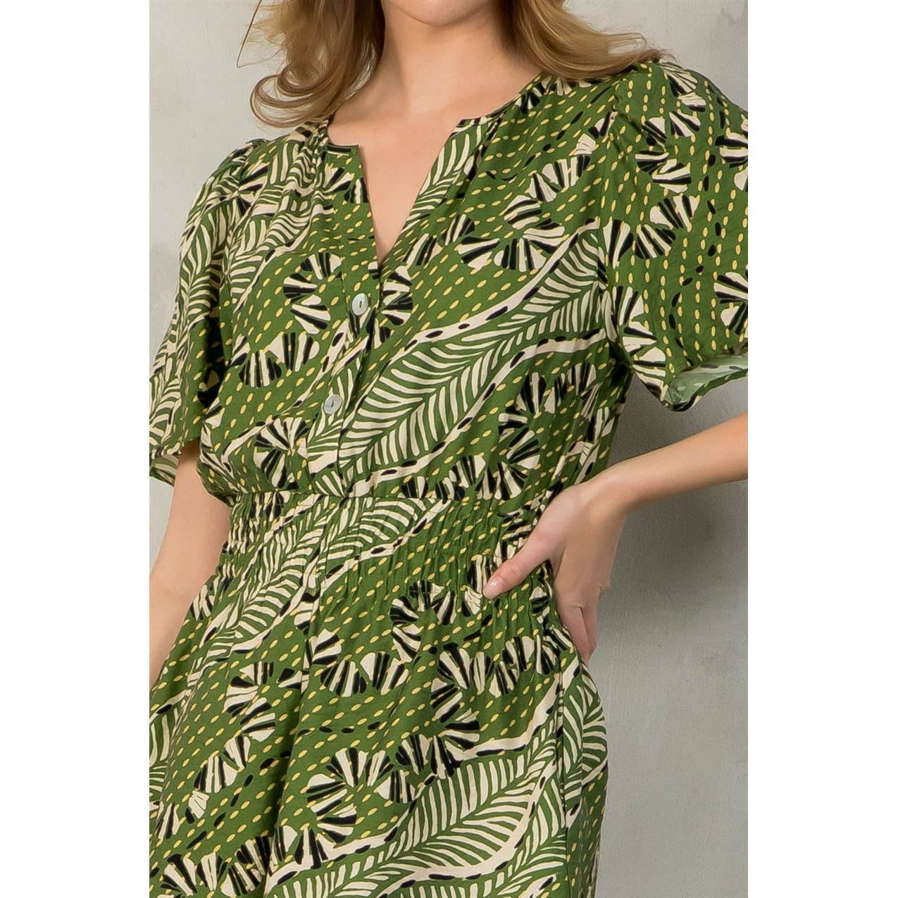 Smocked Waist Print Romper: GREEN