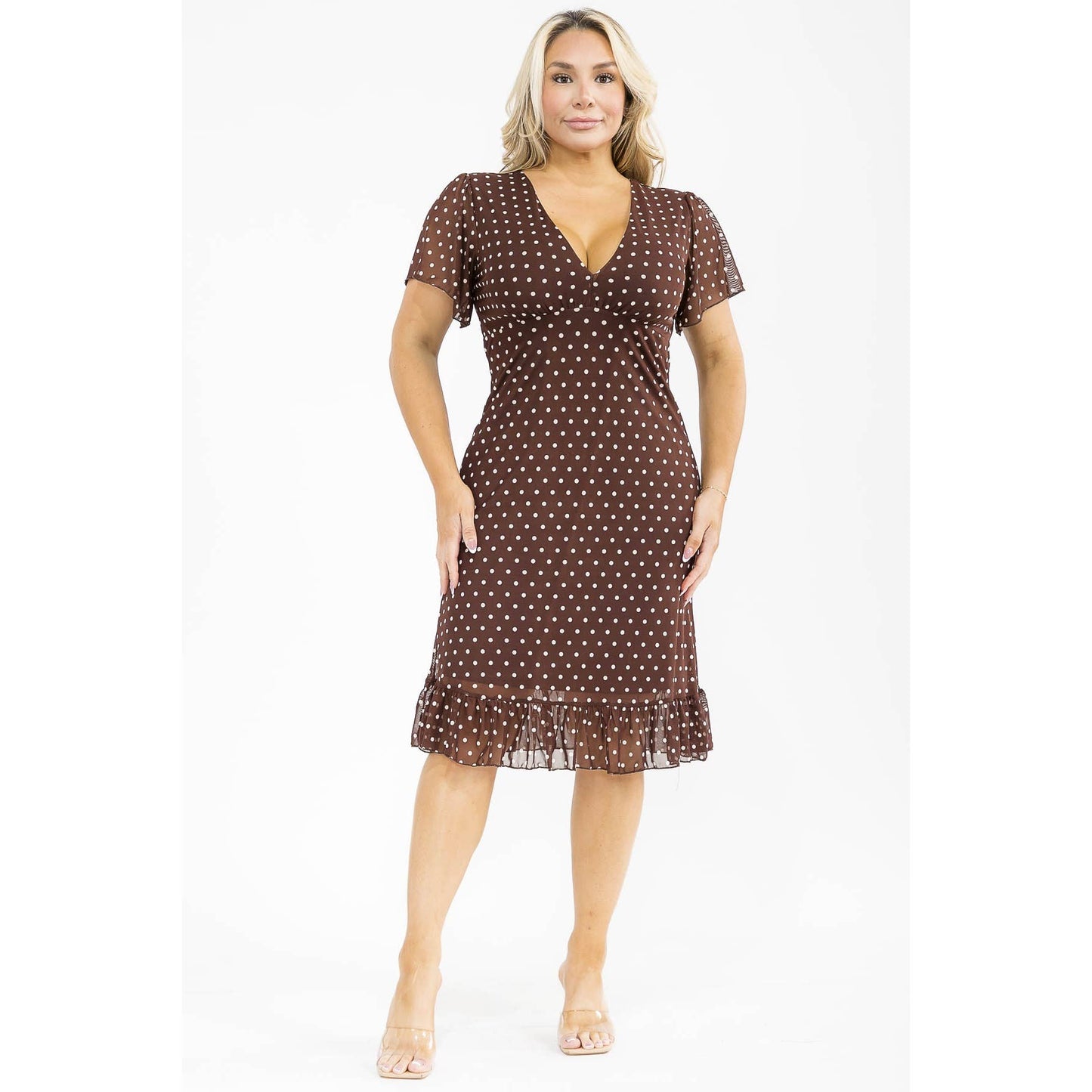 PLUS SIZE MESH POLKA DOT V NECK RUFFLE TRIM MIDI DRESS: Brown