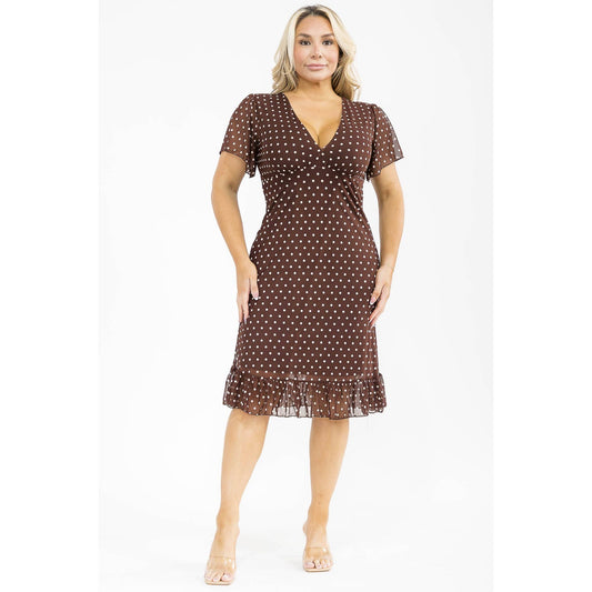 PLUS SIZE MESH POLKA DOT V NECK RUFFLE TRIM MIDI DRESS: Brown