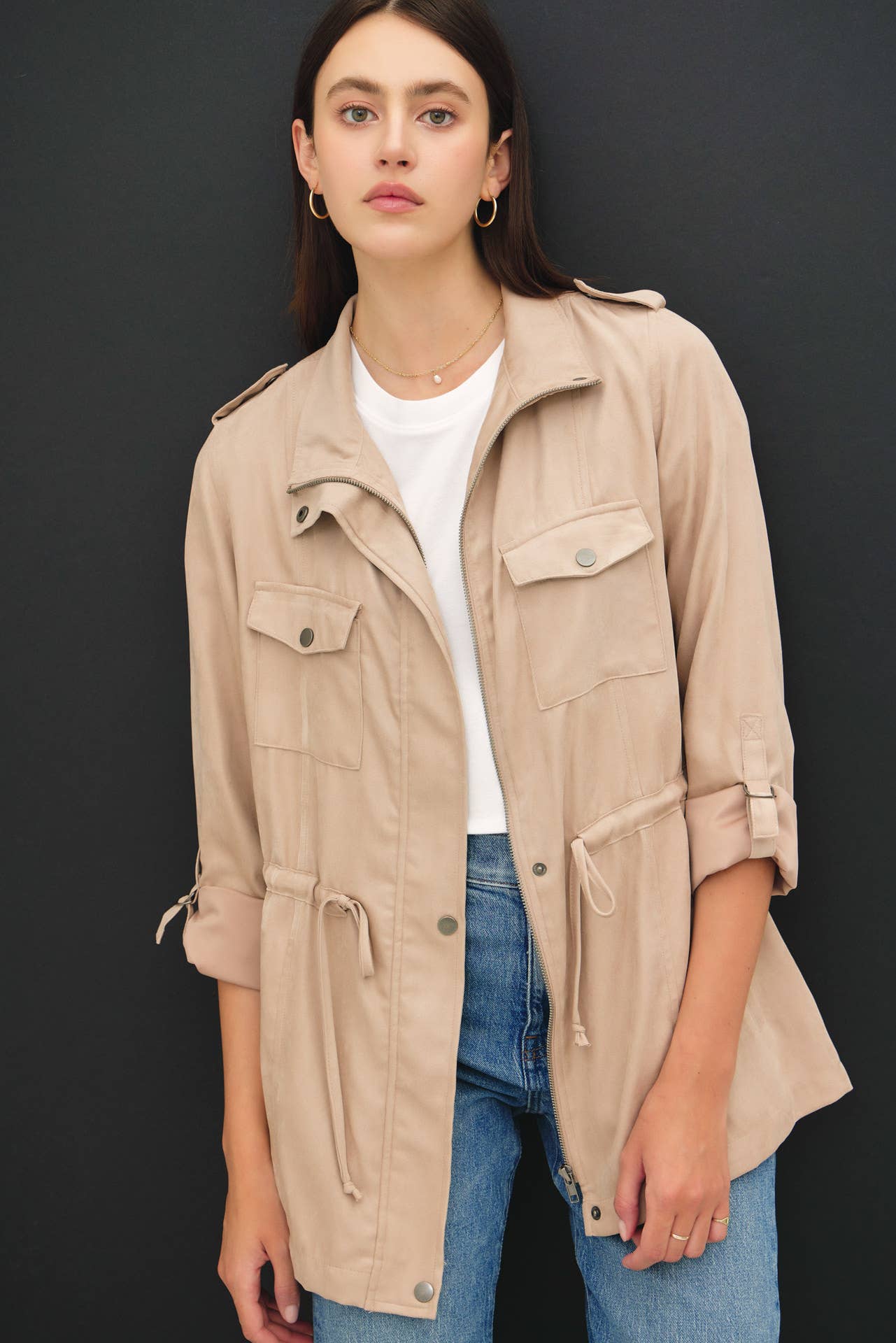 CINCHED WAIST SAFARI CARGO UTILITY JACKET : Beige