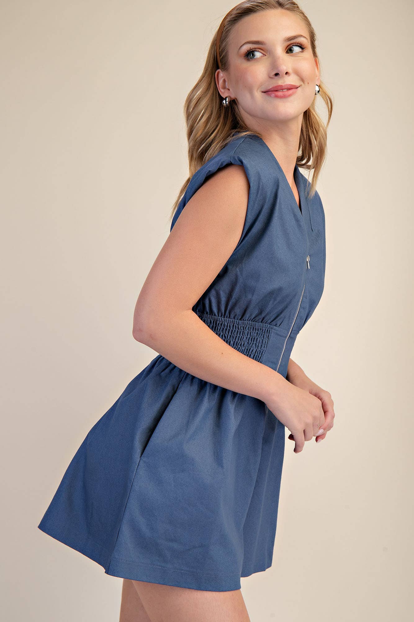 V-Neck Shoulder Padded Waist Smocked Front Zip Romper: Indigo