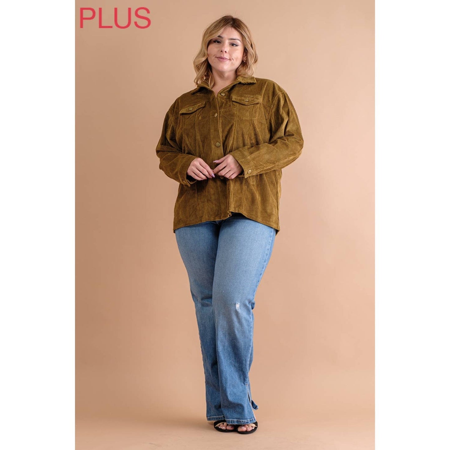 PLUS CORDUROY BUTTON DOWN SHIRT JACKET SHACKET: Butternut