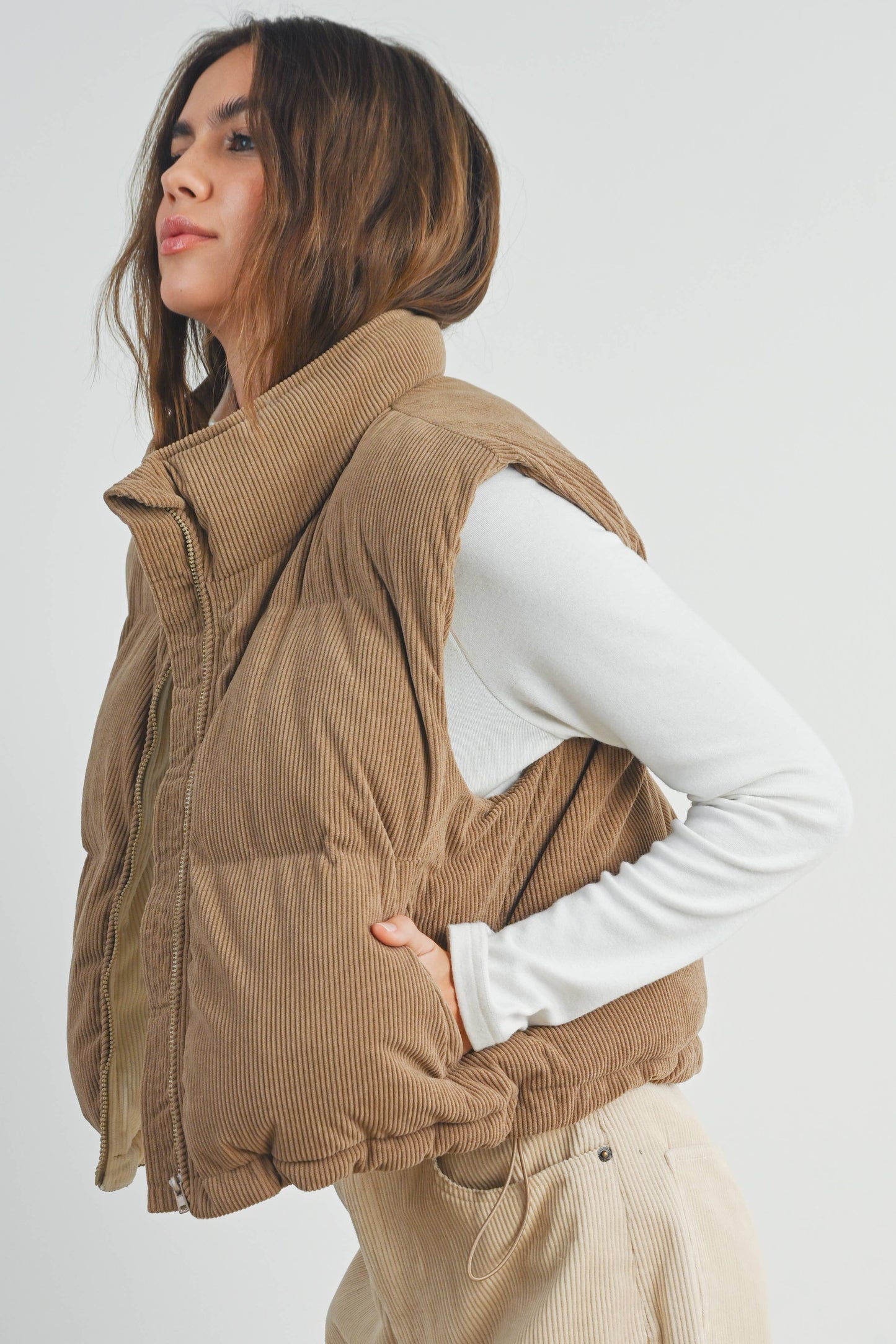 Fall Adoreme Corduroy Puffer Vest - BMJ7242: CAMEL / IVORY
