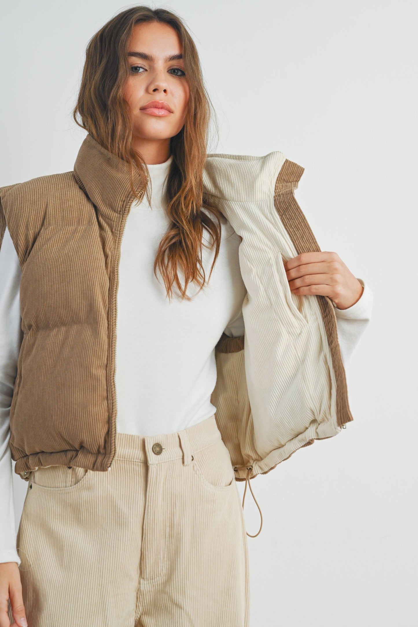 Fall Adoreme Corduroy Puffer Vest - BMJ7242: CAMEL / IVORY