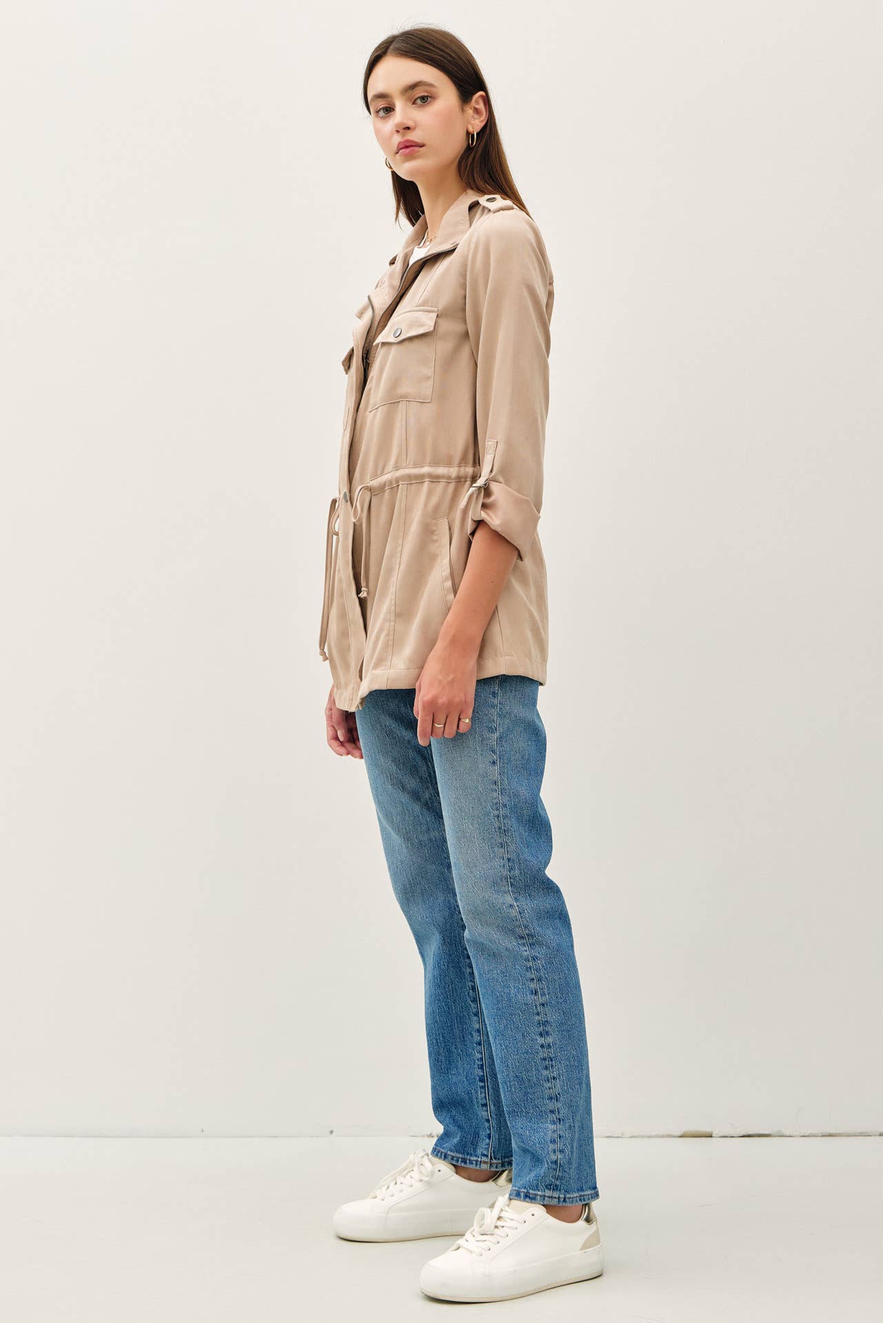 CINCHED WAIST SAFARI CARGO UTILITY JACKET : Beige